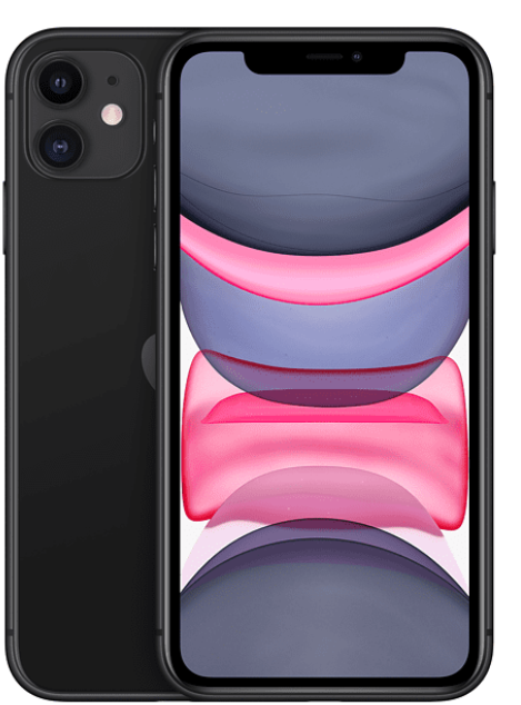 Siyah iPhone 11. Ekran renkli soyut bir tasarım gösteriyor. Telefonun iki arka kamerası ve bir ön kamerası var.