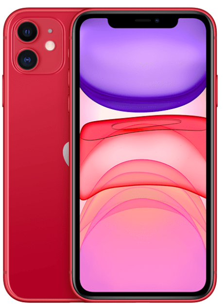 Kırmızı arka ve büyük ekranlı kırmızı iPhone. Ön kısımda renkli bir duvar kağıdı görüntüleniyor.