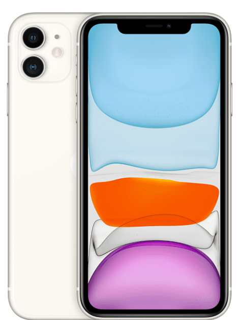 Beyaz iPhone 11. Çift kamera sistemine ve mavi, turuncu ve mor şekillerden oluşan soyut bir tasarım sergileyen bir ekrana sahiptir.