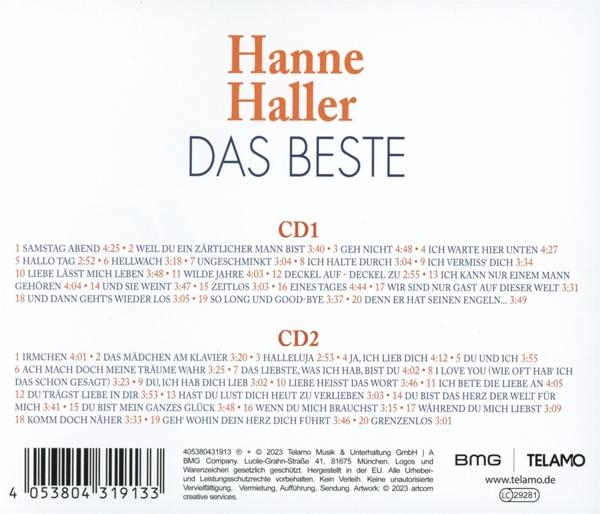 CD-Cover mit dem Text 'Hanne Haller - Das Beste' und zwei CDs. Rückseite mit Titelliste.