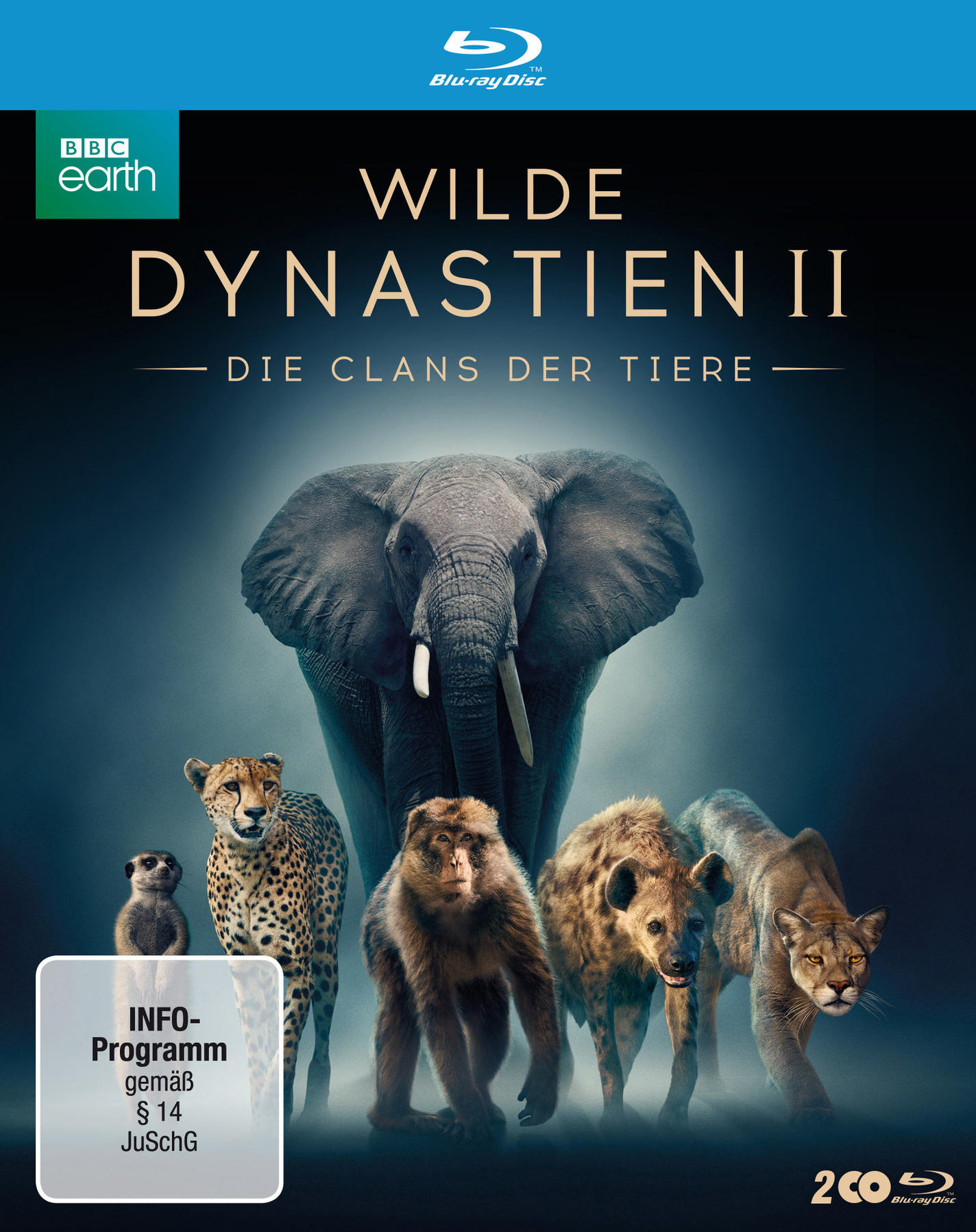 DVD-Cover für 'Wilde Dynastien II'. Zeigt Tiere wie Elefanten, Geparden, Affen, Hyänen und einen Puma.