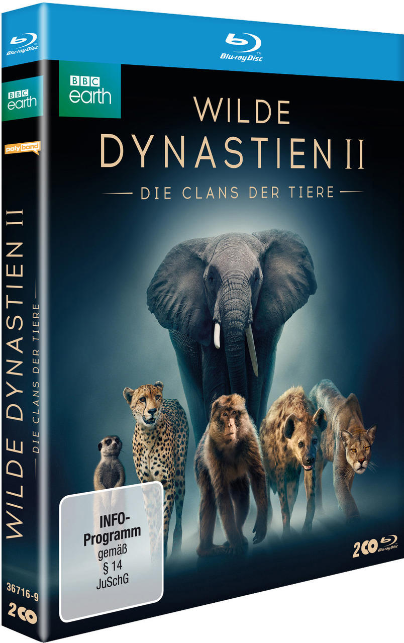 Blu-ray-Disc-Hülle mit Tieren: Elefant, Gepard, Affen, Hyänen und Löwe.