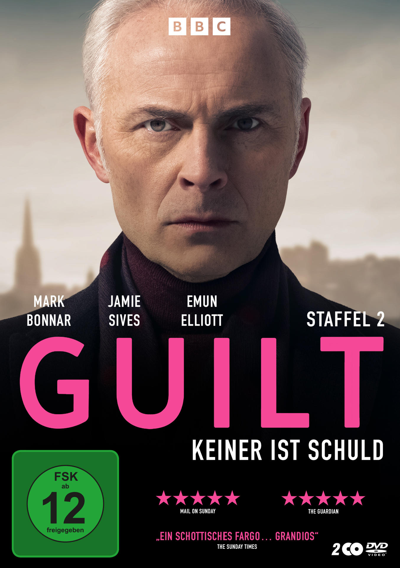 Plakat für die Serie 'Guilt'. Ein Mann ist zentral abgebildet. Text enthält Namen der Schauspieler und 'Staffel 2'.