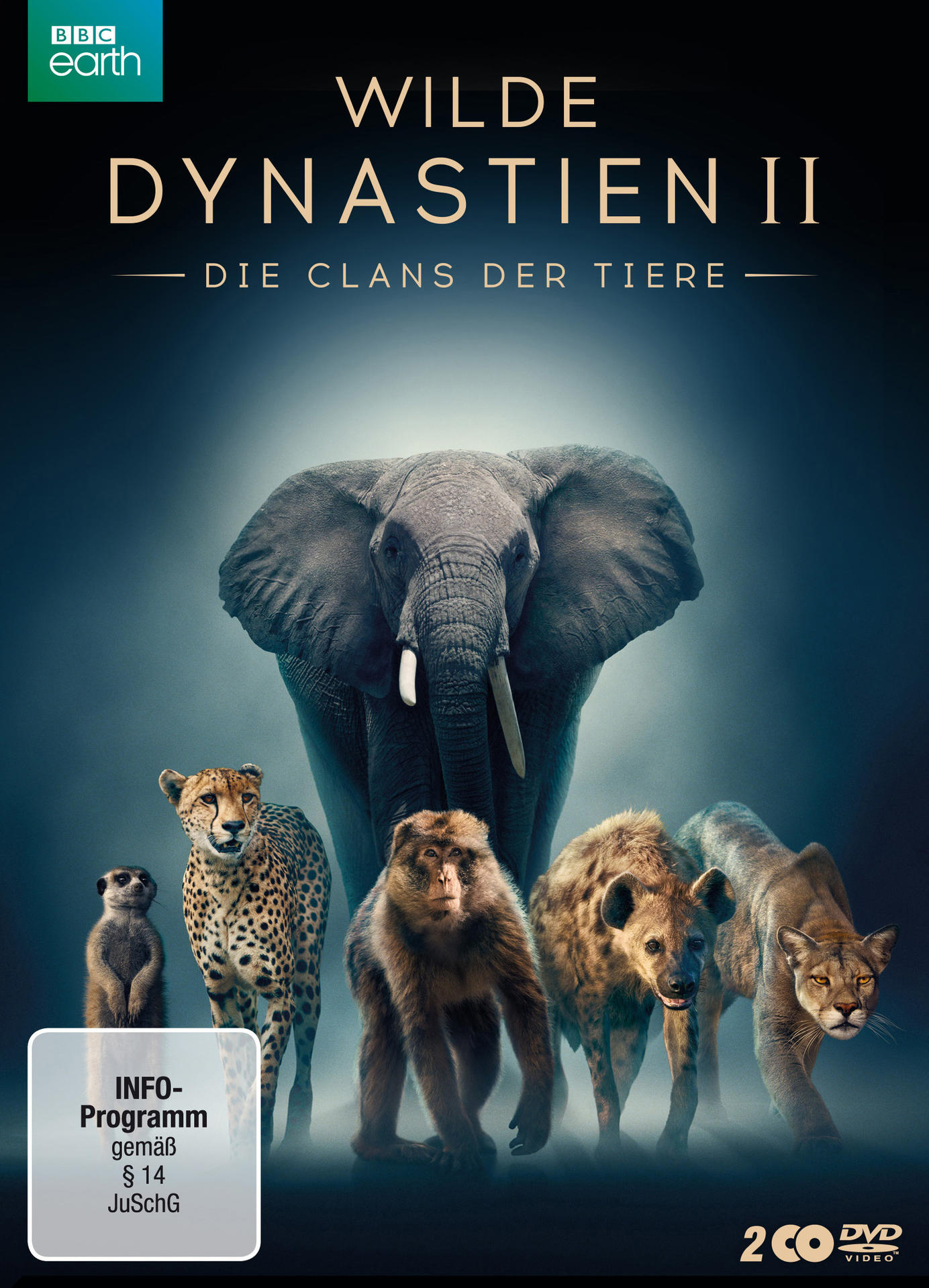 DVD-Cover einer Naturdokumentation mit verschiedenen Tieren, darunter Elefant und Geparden.
