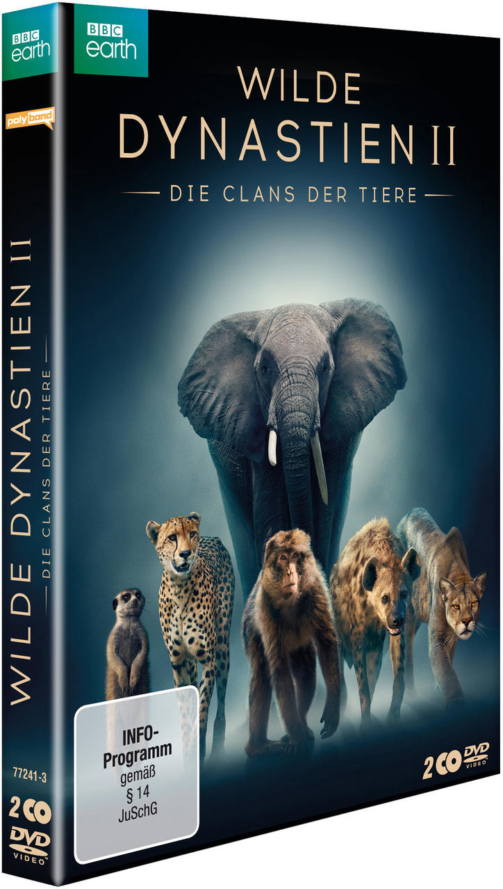 DVD-Hülle mit verschiedenen Tieren, darunter ein Elefant, und dem Titel 'Wilde Dynastien II'.