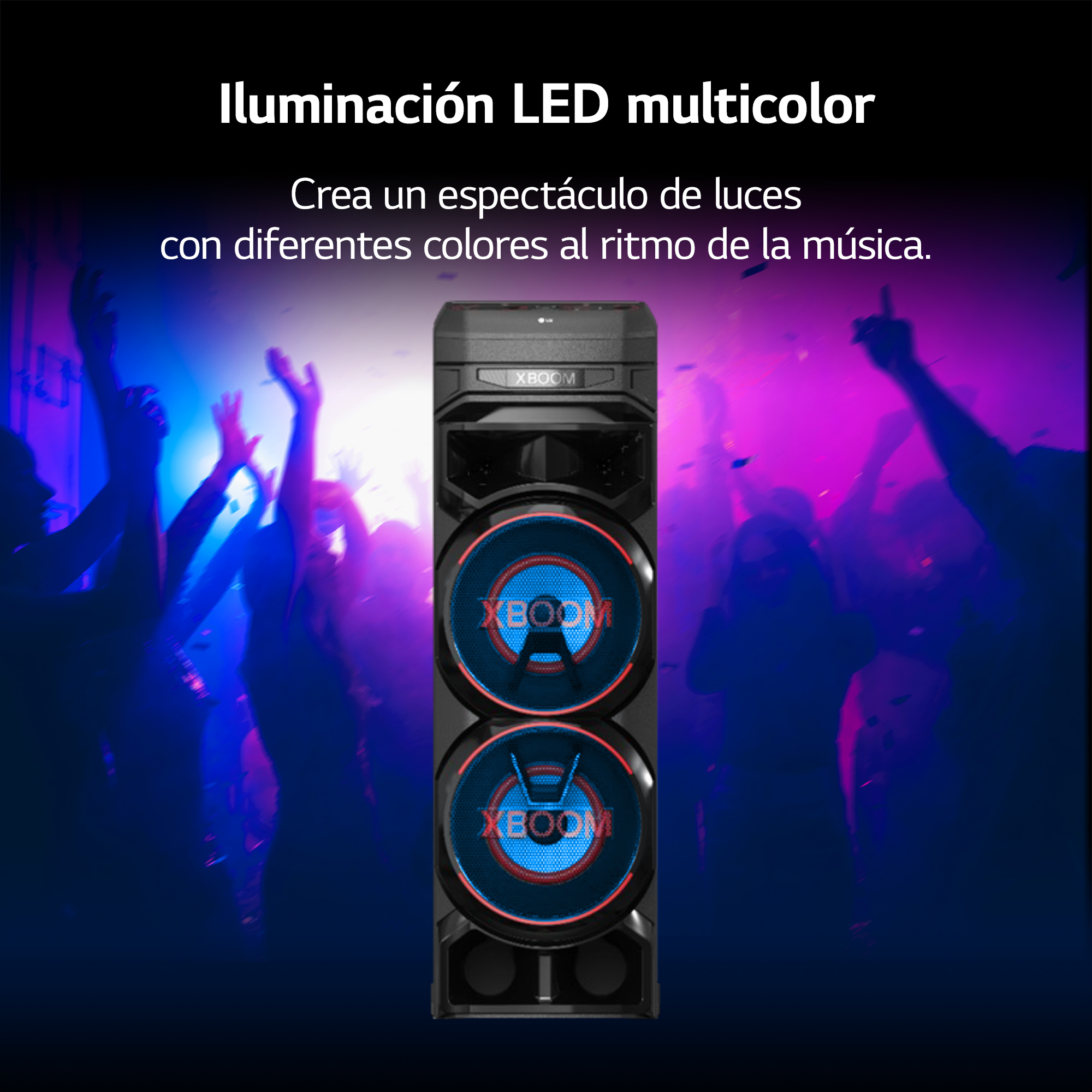 Un altavoz negro grande con luces azules y gente bailando en el fondo.