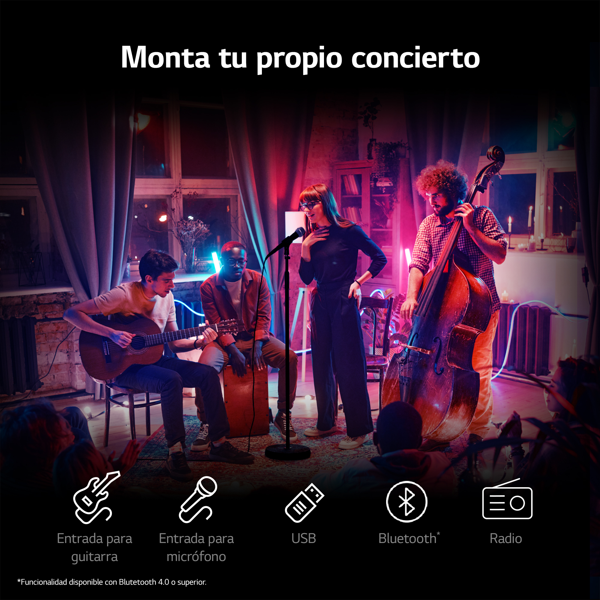 Una banda toca en el escenario con instrumentos y micrófonos. Texto: 'Monta tu propio concierto'.