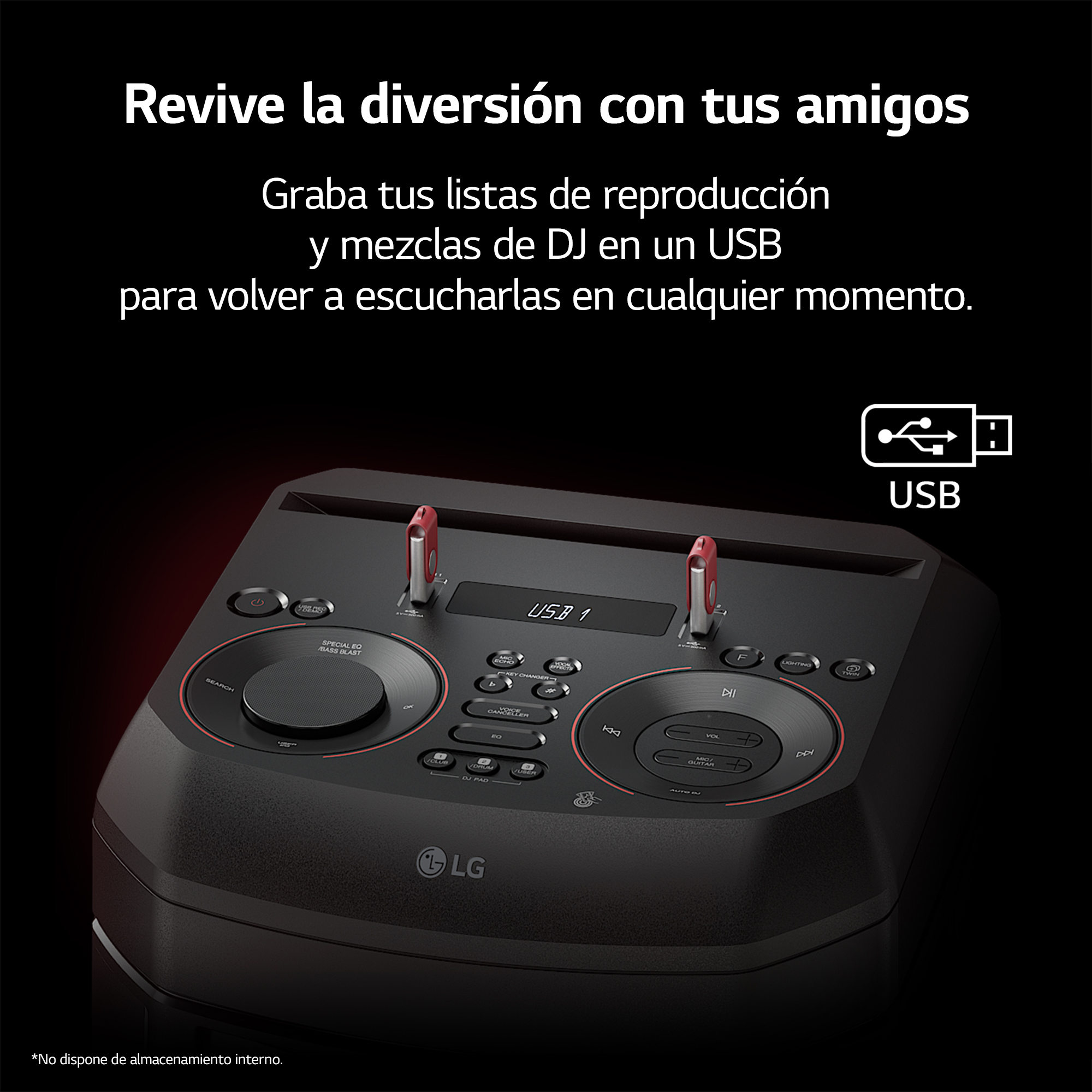 Un altavoz LG negro con detalles rojos, dos unidades USB y texto sobre listas de reproducción de DJ.