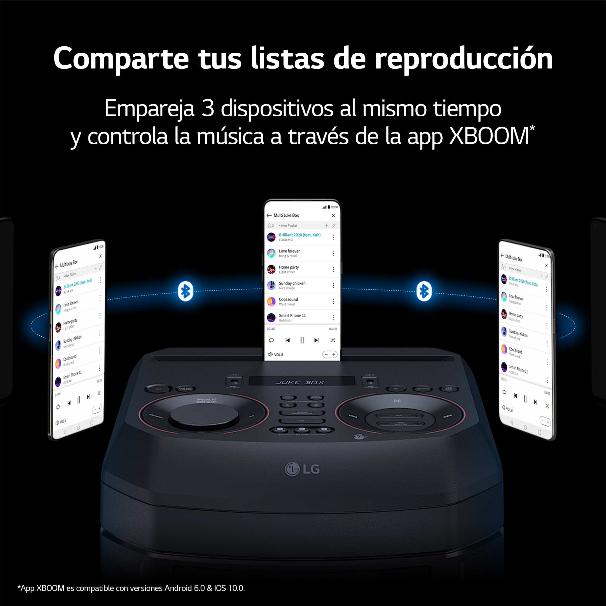 Un sistema de altavoces negro con tres teléfonos mostrando aplicaciones de música. Texto en español sobre compartir música.