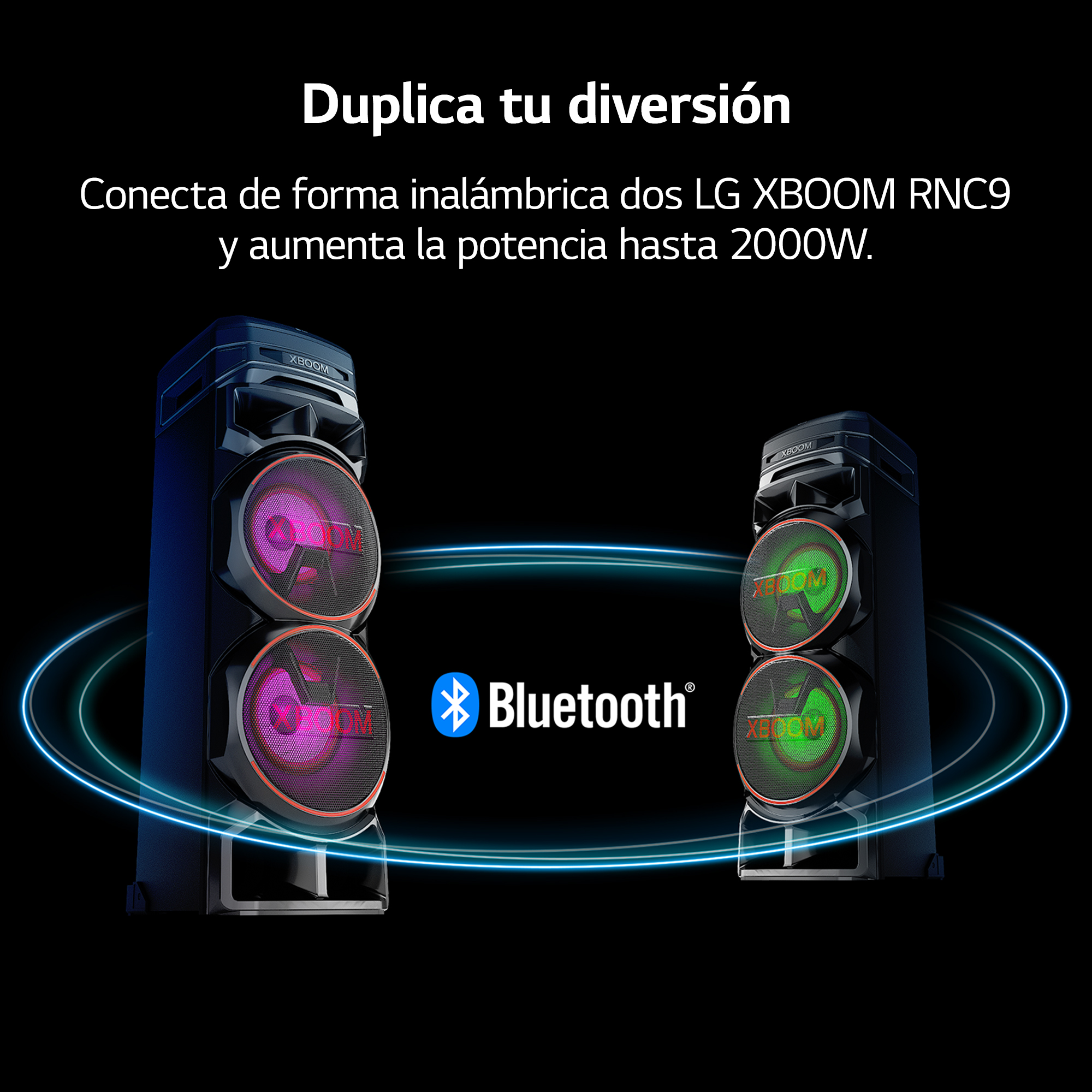 Dos altavoces negros con luces de colores. Símbolo Bluetooth. Texto en español: 'Duplica tu diversión'.