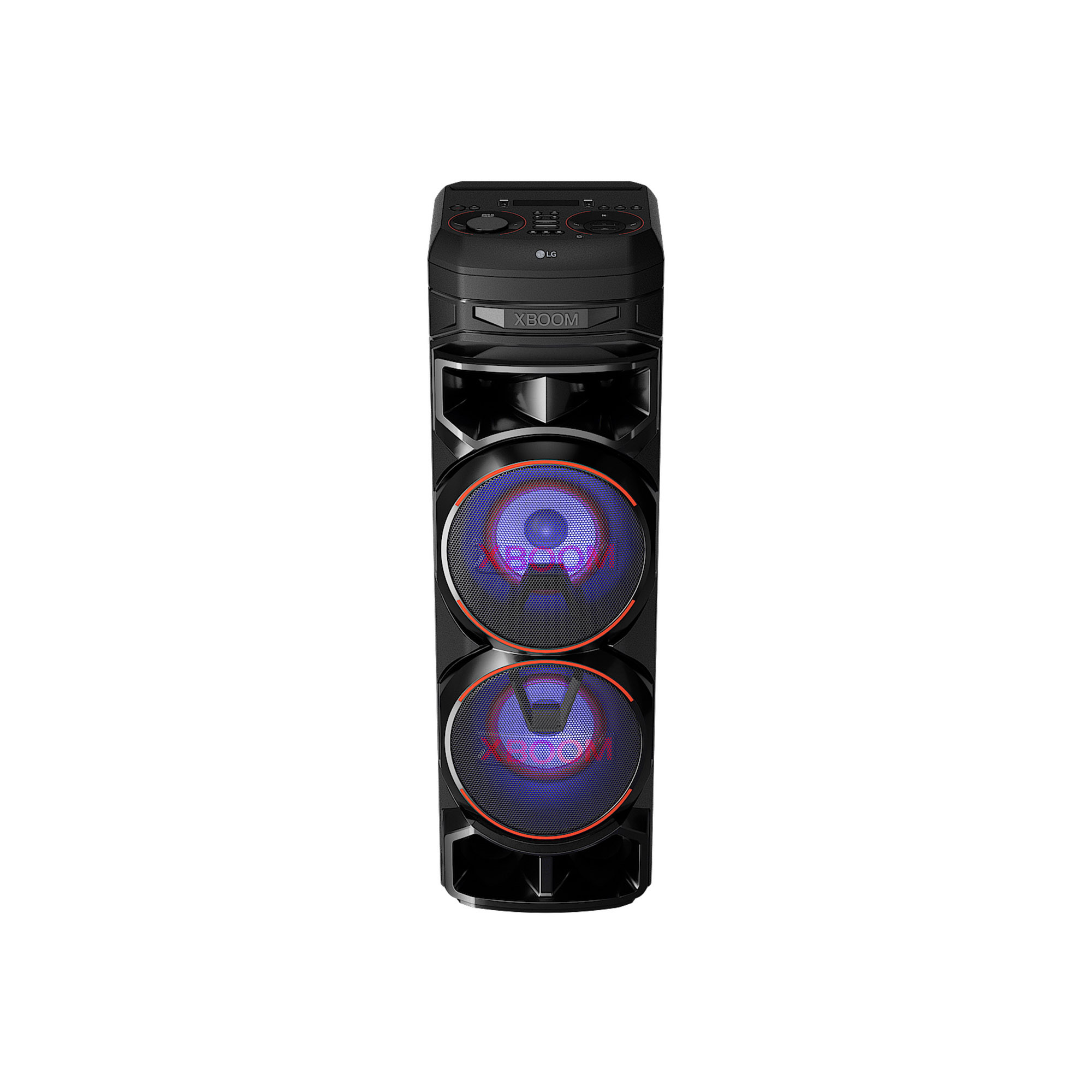 Altavoz negro alto con dos altavoces iluminados y un panel de control negro en la parte superior.