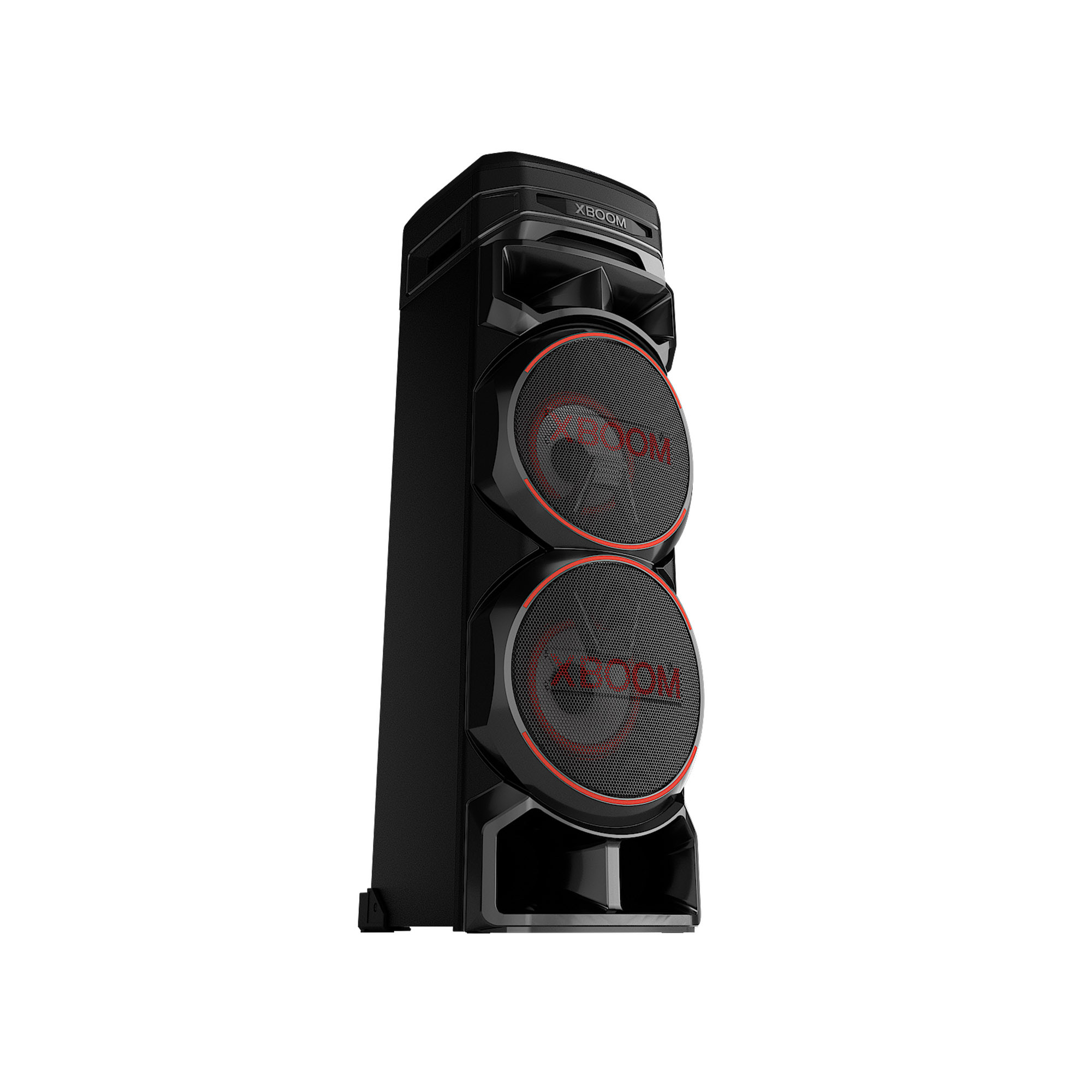Altavoz LG XBoom negro con conos de altavoz rojos. Es un altavoz alto y vertical con un diseño elegante.