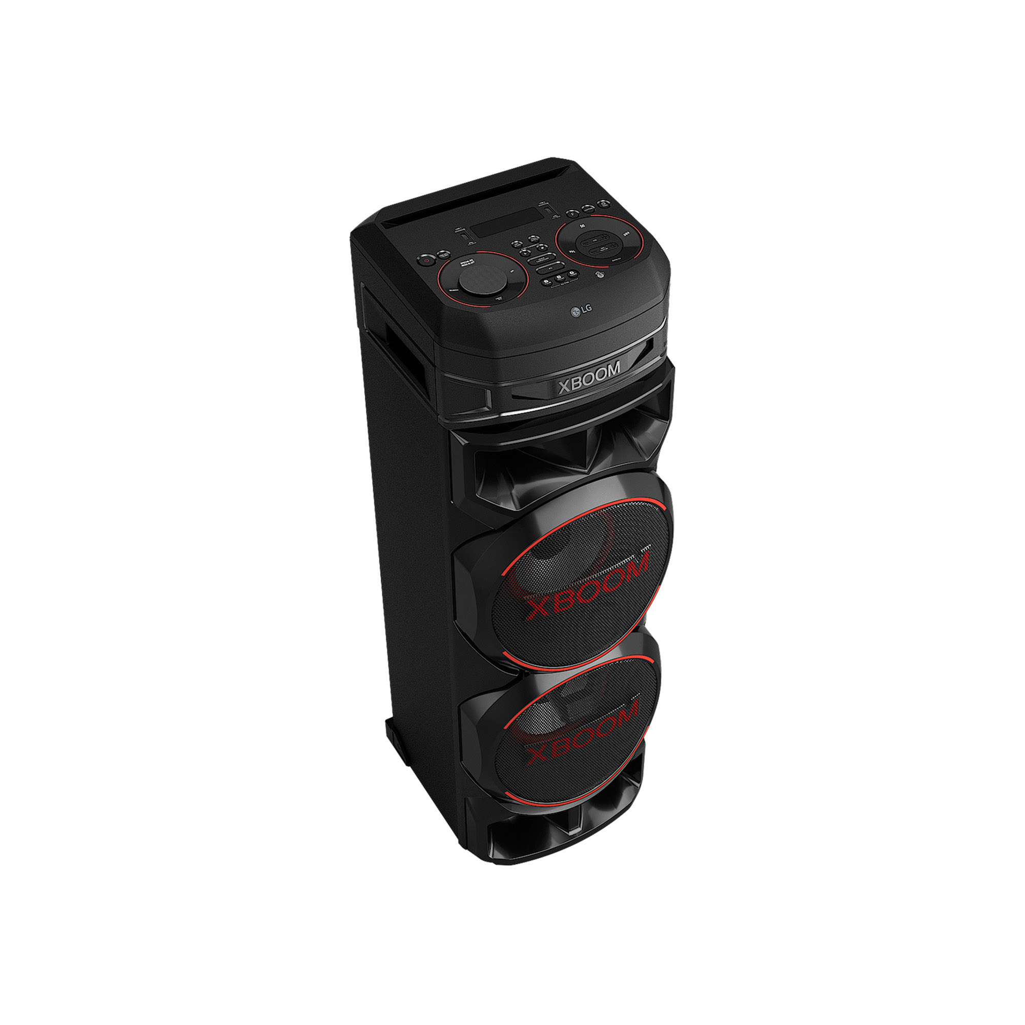 Un altavoz LG XBOOM negro con detalles rojos, visto desde arriba, mostrando las rejillas de los altavoces y los controles.
