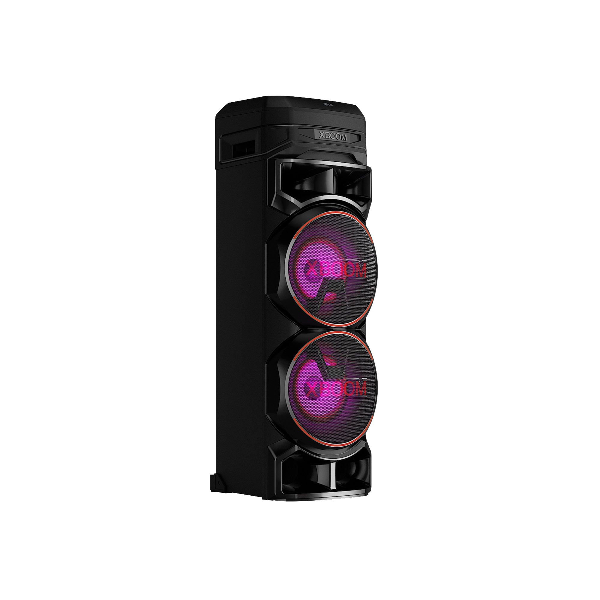 Altavoz LG XBOOM negro con dos rejillas de altavoz iluminadas con luces rosas. Controles arriba.