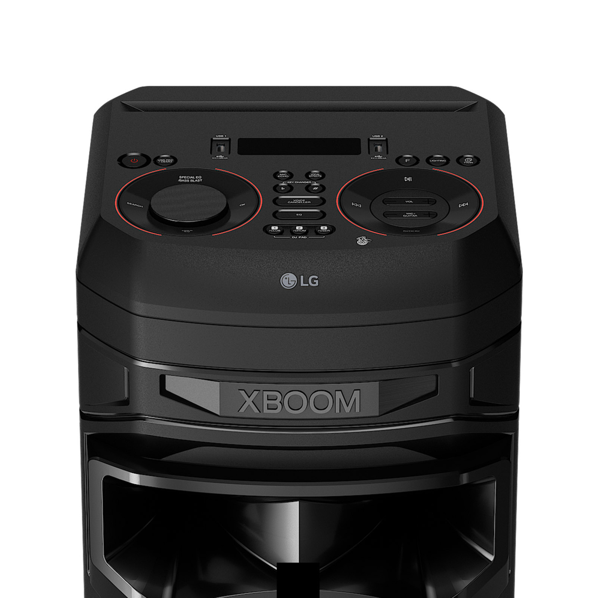Altavoz LG XBOOM negro con detalles, botones y controles rojos.