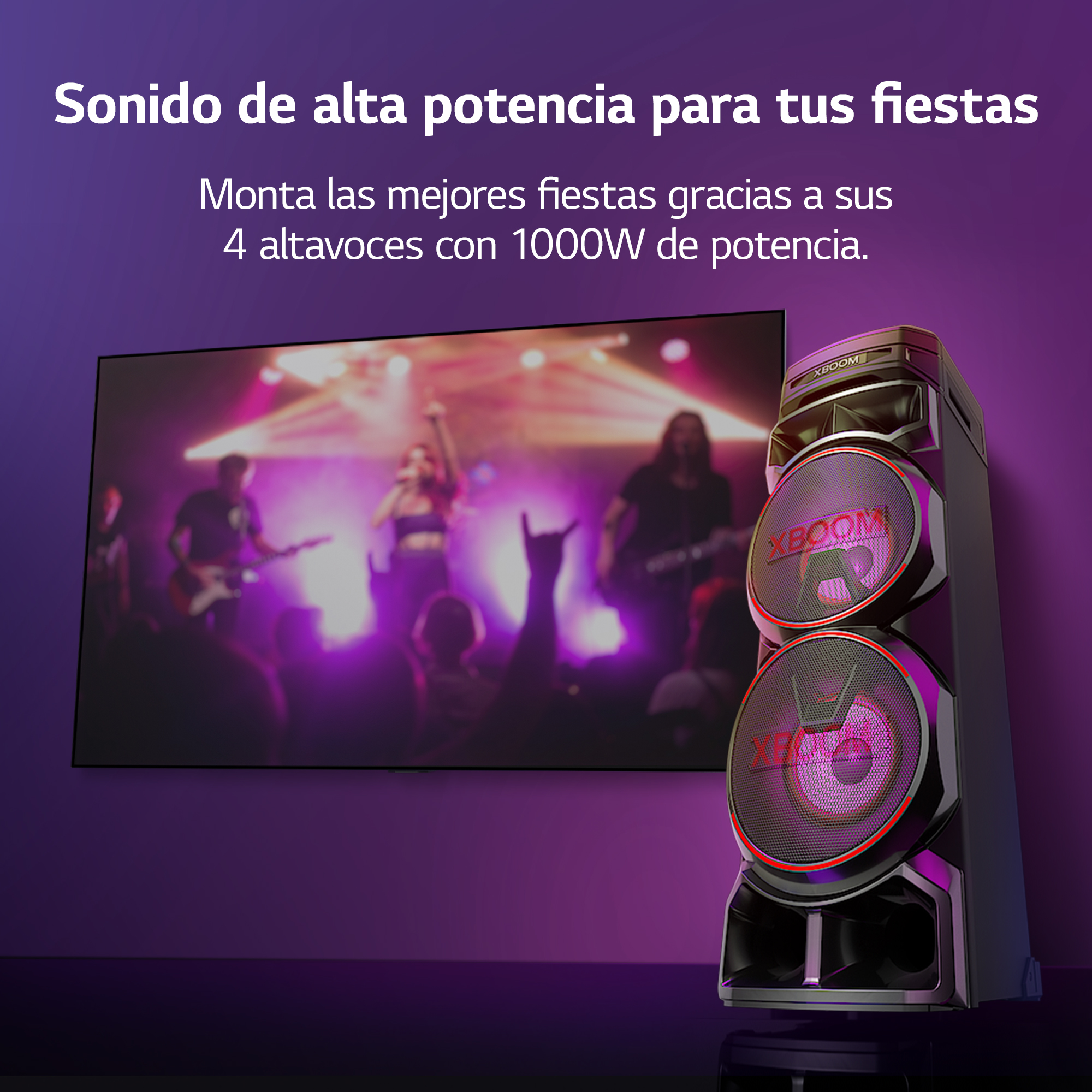 Un altavoz con dos altavoces grandes y un televisor que muestra una banda. El altavoz tiene luces rojas.