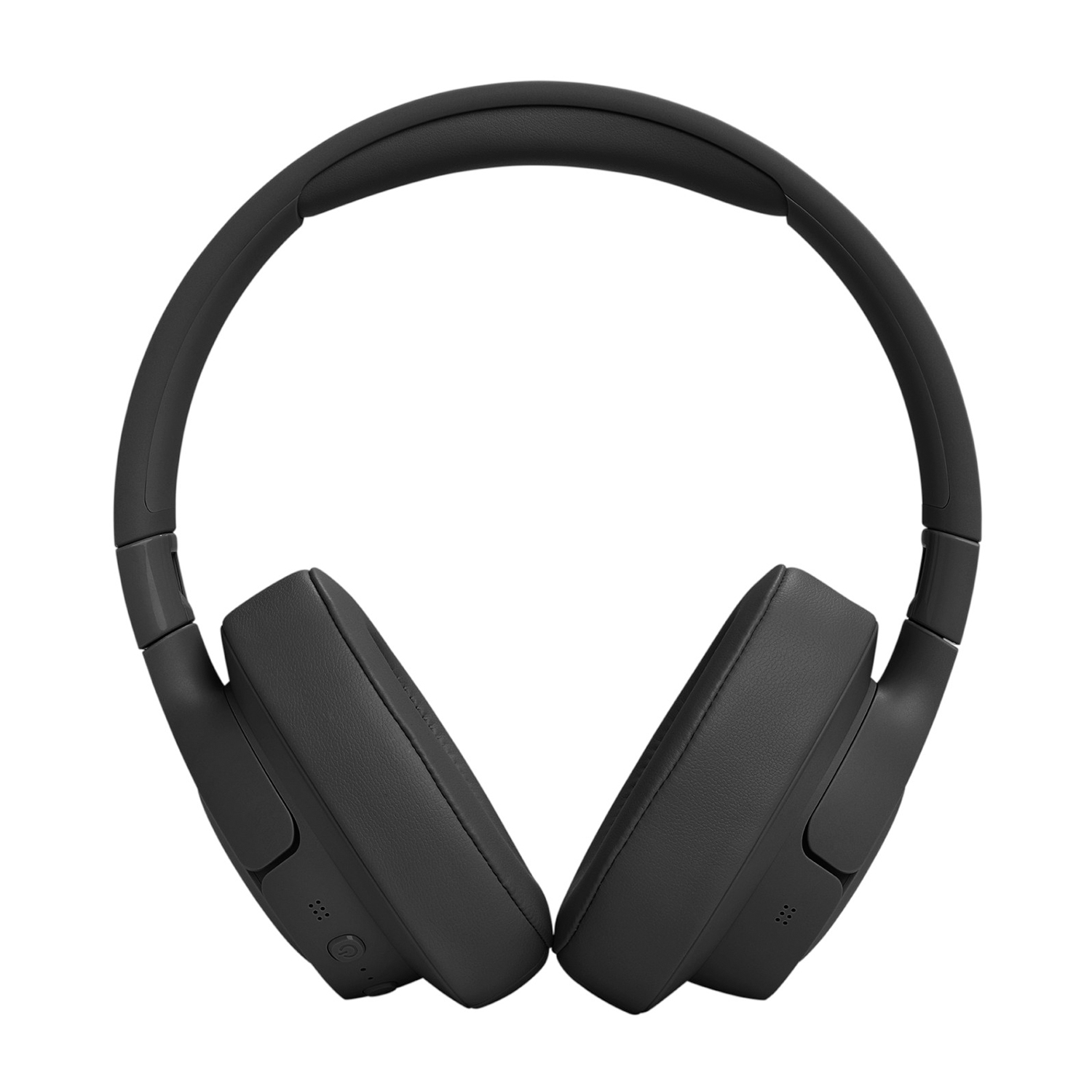 Cuffie over-ear nere. Le cuffie hanno una fascia e i padiglioni auricolari. I padiglioni sono grandi.