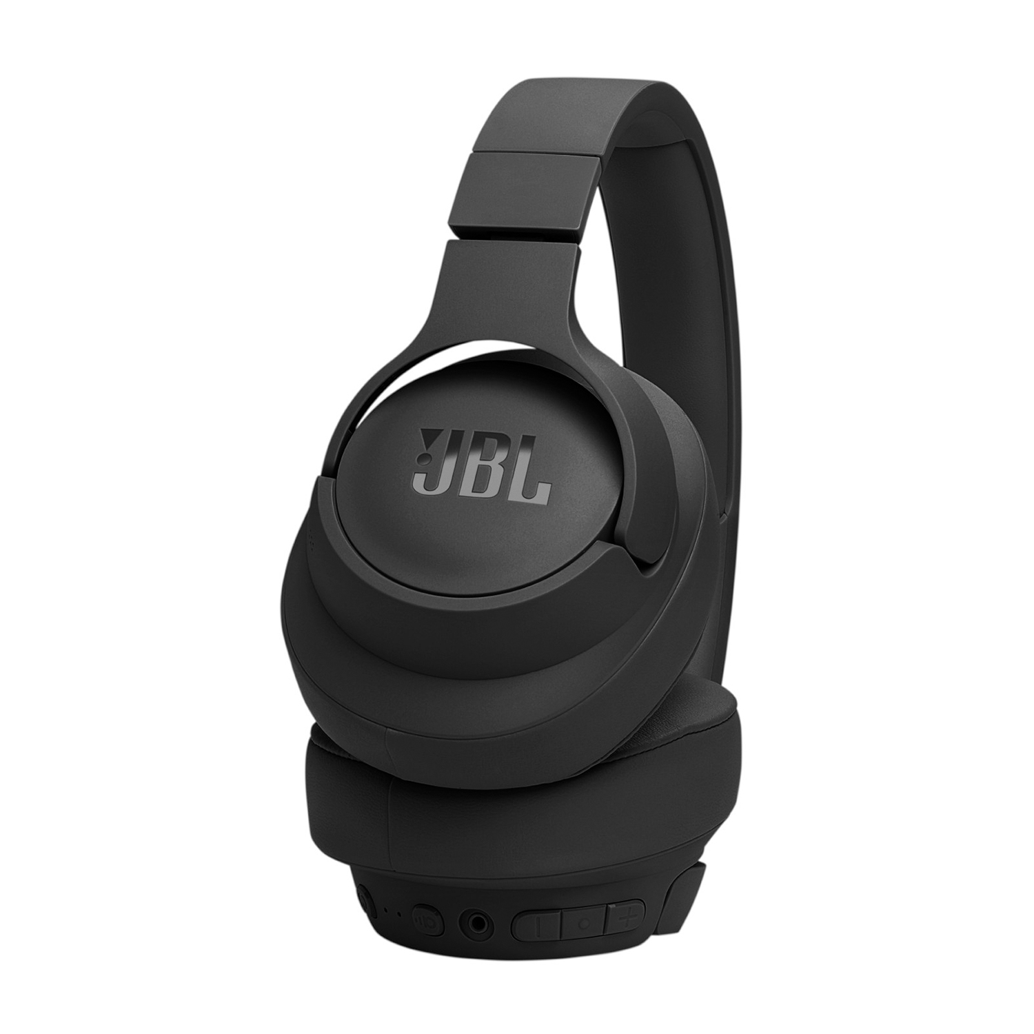 Cuffie JBL nere, vista laterale. Il logo JBL è centrato. Su sfondo bianco.