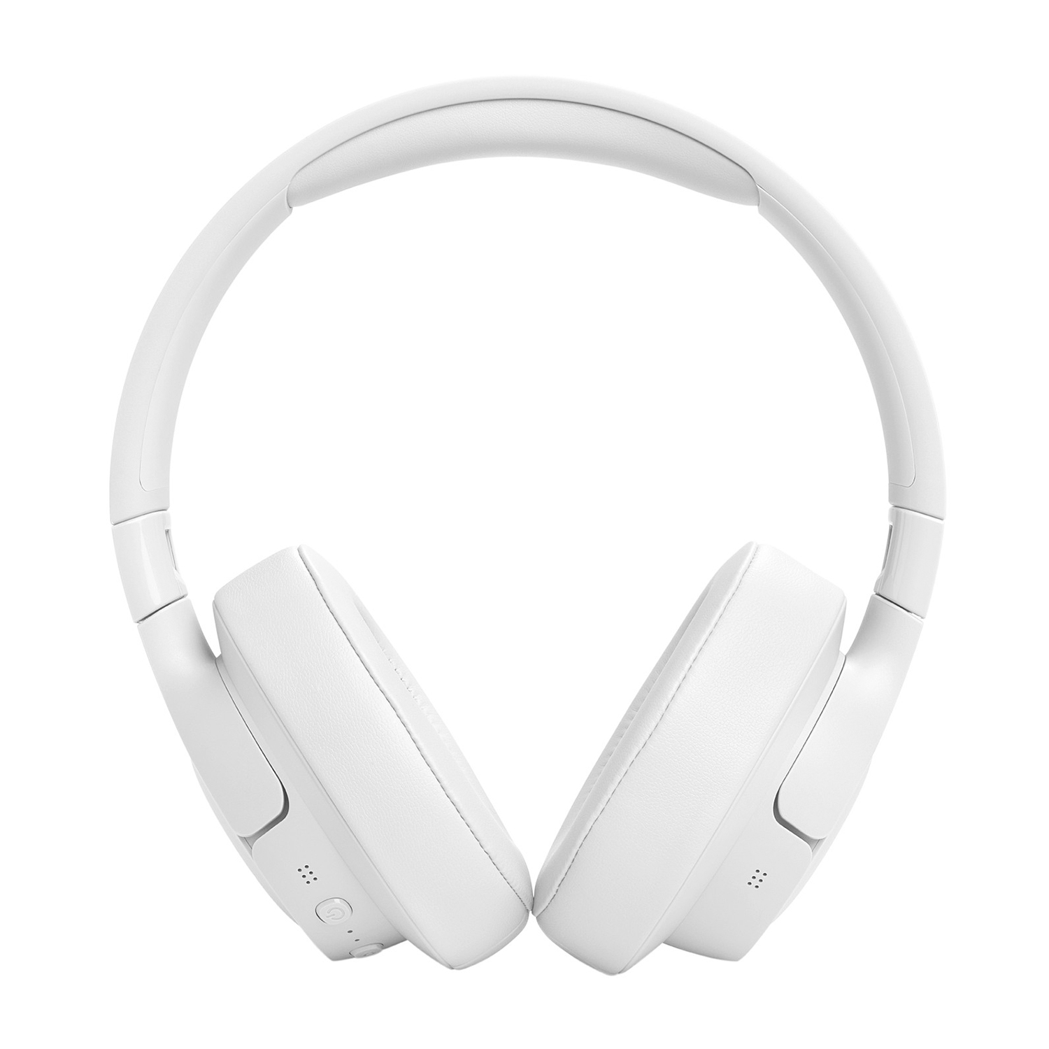 Cuffie bianche over-ear, viste dall'alto, su sfondo bianco.