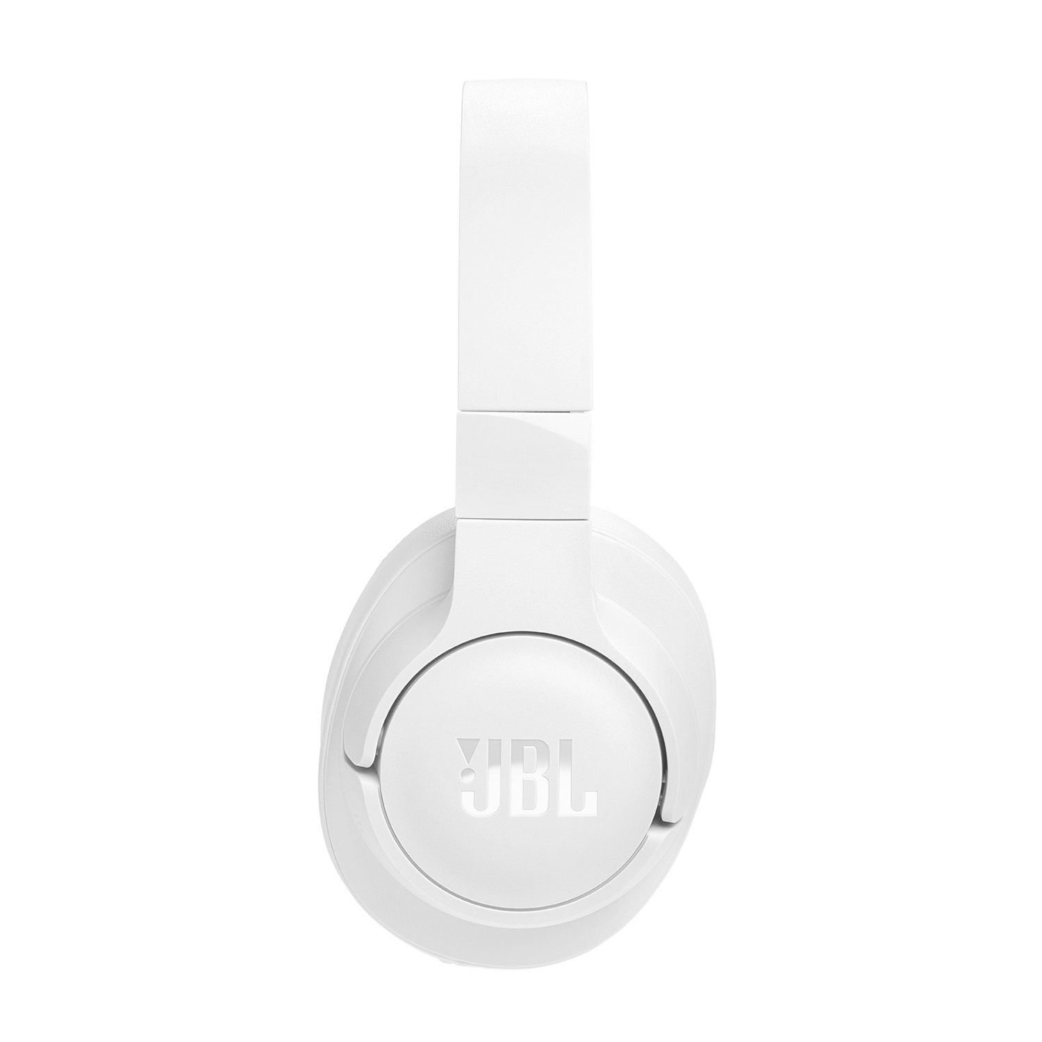 Cuffie JBL bianche, vista frontale, su sfondo bianco.