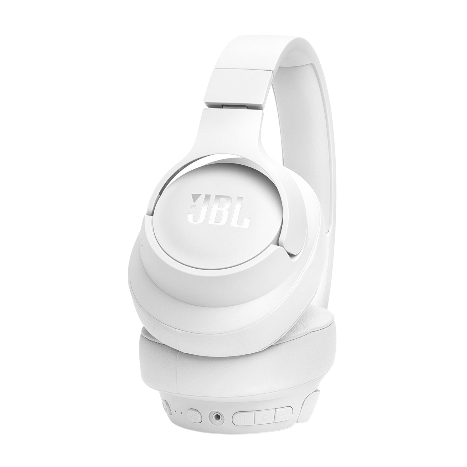 Cuffie JBL bianche, con il logo JBL sui padiglioni, rivolte in avanti.