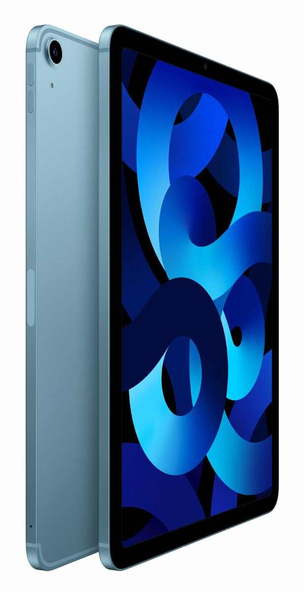 Niebieski iPad Air z abstrakcyjną niebieską grafiką. Jasnoniebieski tył.