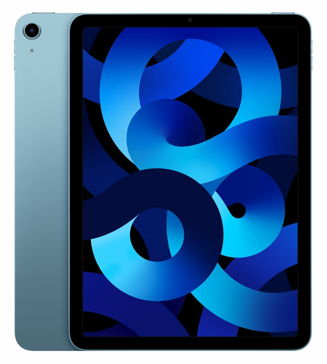 Niebieski tablet z czarną ramką. Wyświetlacz pokazuje abstrakcyjne niebieskie kształty. Widok z boku z kamerą.