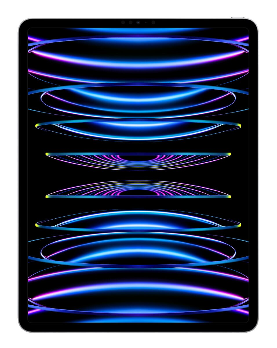iPad Pro z czarnym ekranem wyświetlającym niebieskie i fioletowe neonowe linie.