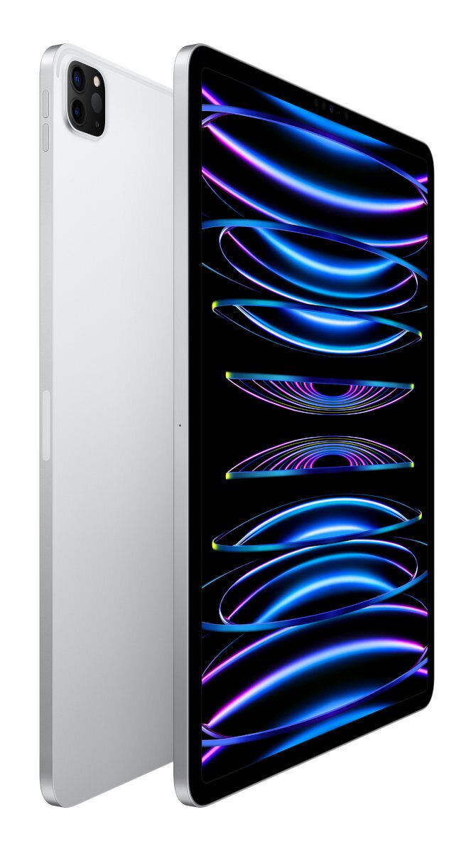 Biały iPad Pro, pod kątem, pokazujący niebieski i fioletowy abstrakcyjny wzór na ekranie.