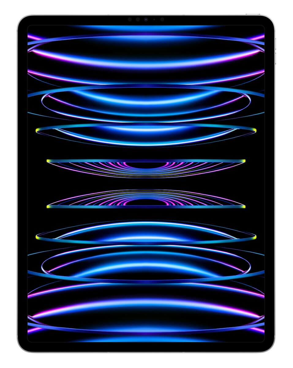 Czarny tablet wyświetlający kolorową, abstrakcyjną grafikę.