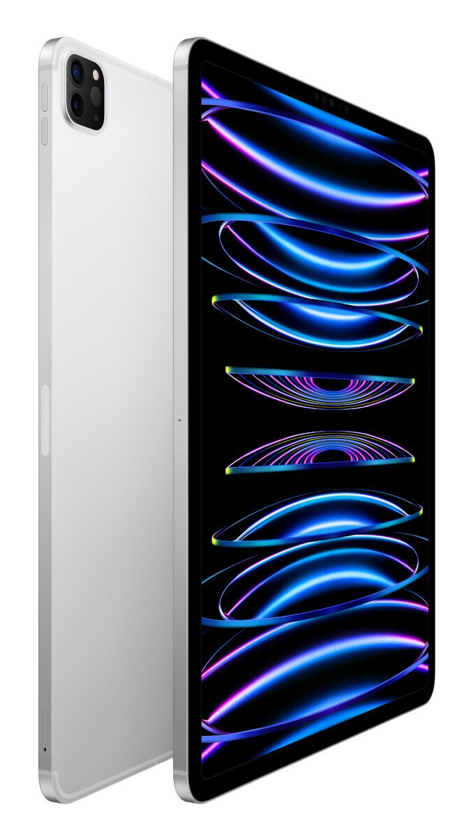 Biały iPad Pro, z jasnym wyświetlaczem. Widok z boku tabletu i aparatu.