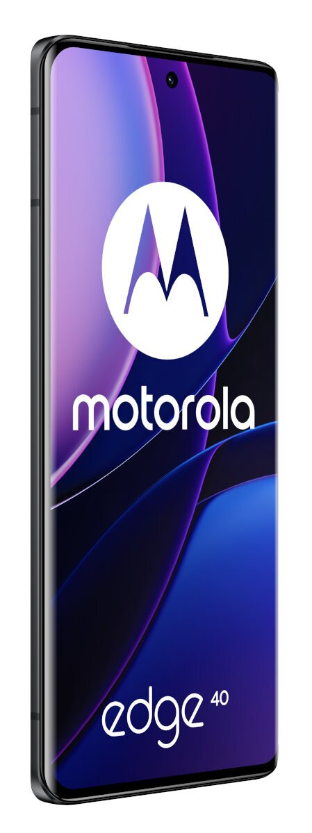 Telefon Motorola Edge 40 z boku, pokazujący ekran i logo Motorola.