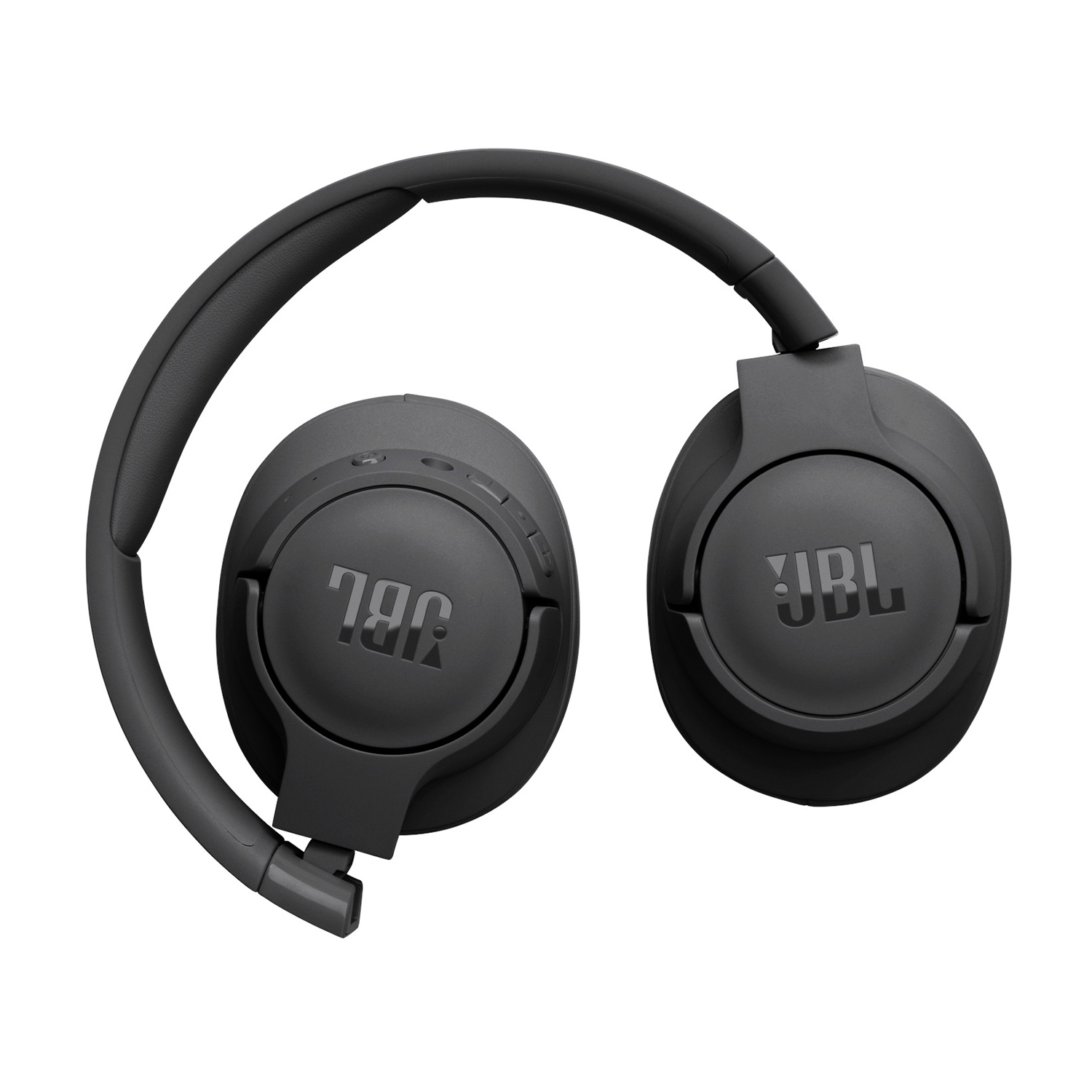 Cuffie JBL nere su sfondo bianco. Le cuffie sono piegate.