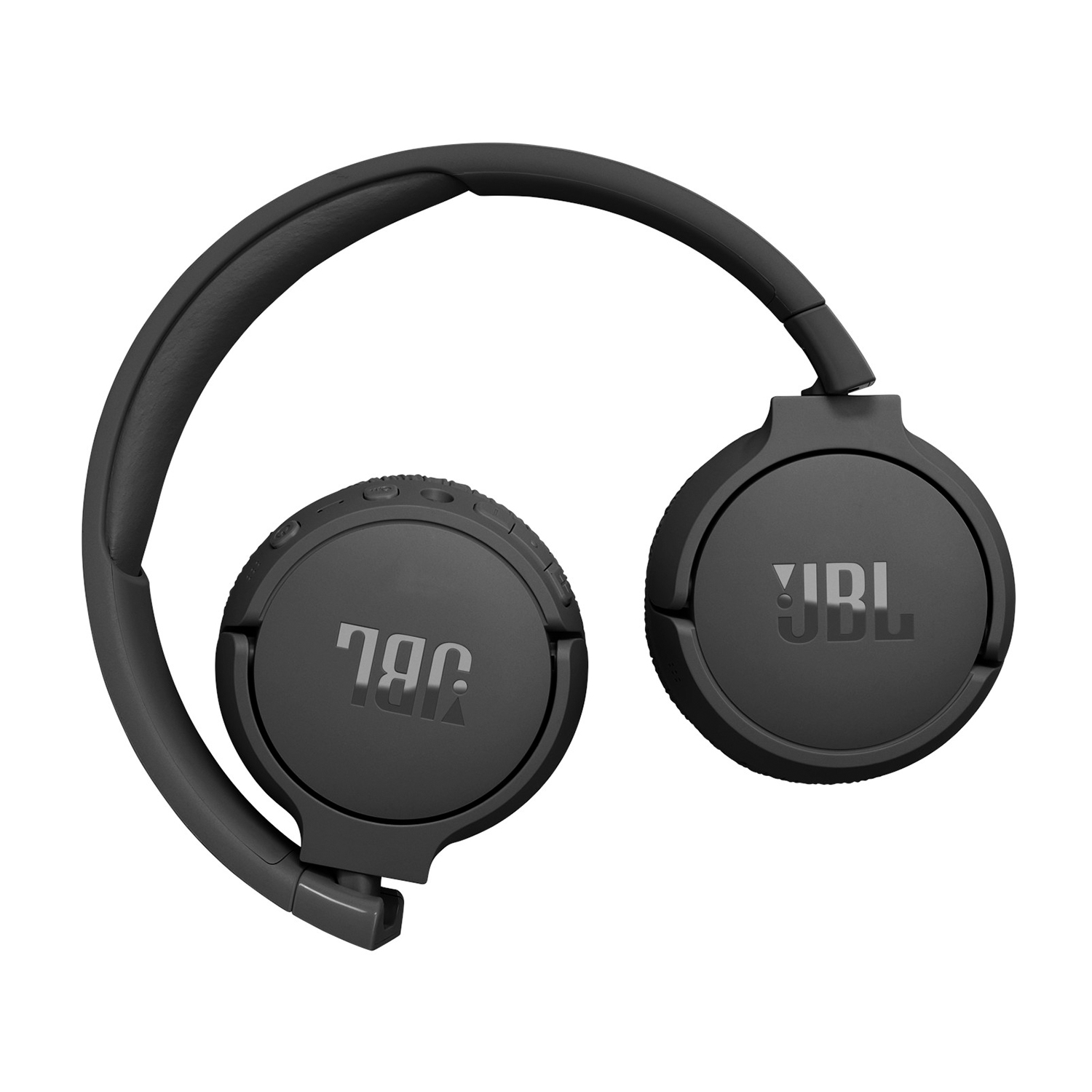 Cuffie wireless nere con logo JBL e controlli.