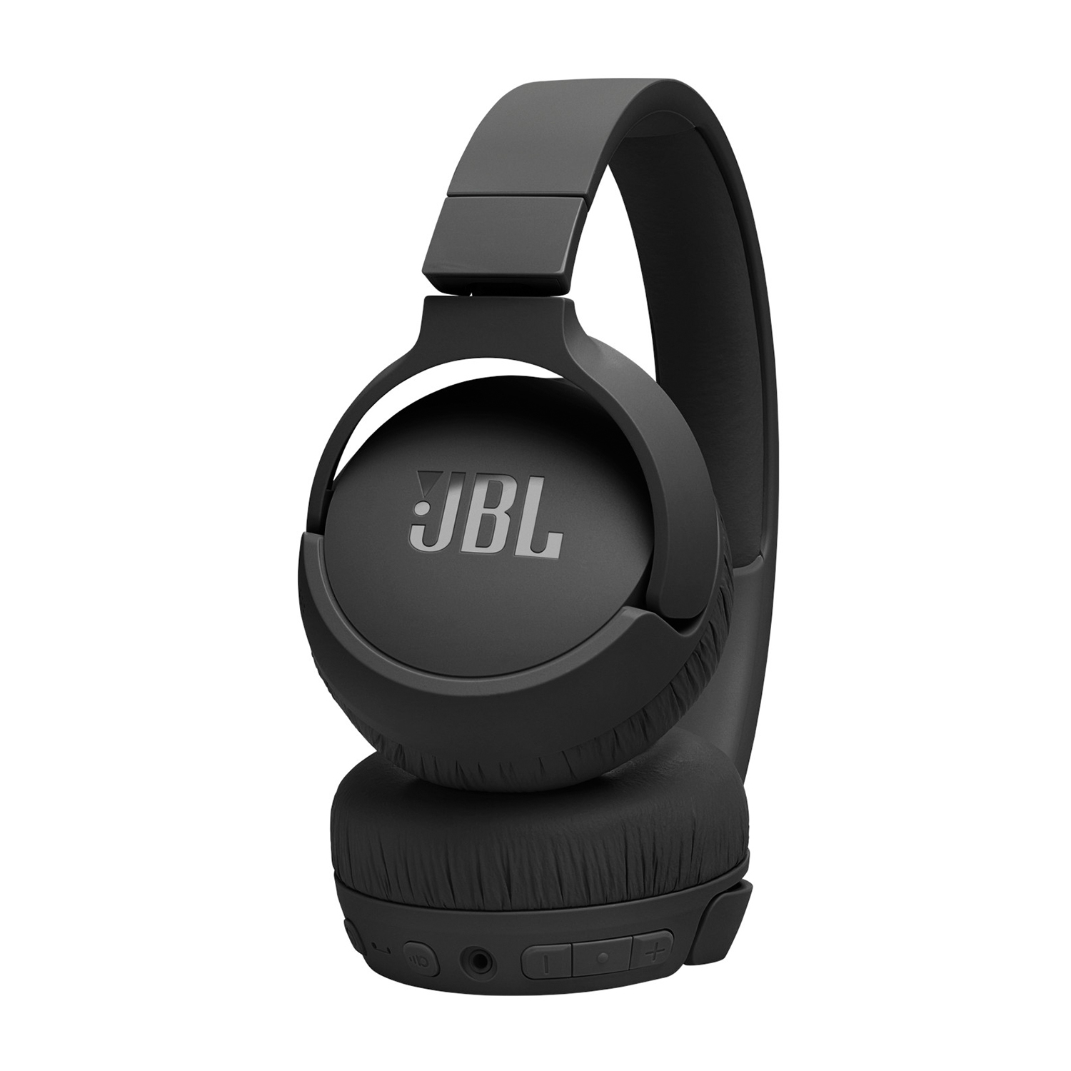 Cuffie JBL nere, leggermente angolate. Il logo JBL è visibile sul padiglione auricolare. Su sfondo bianco.