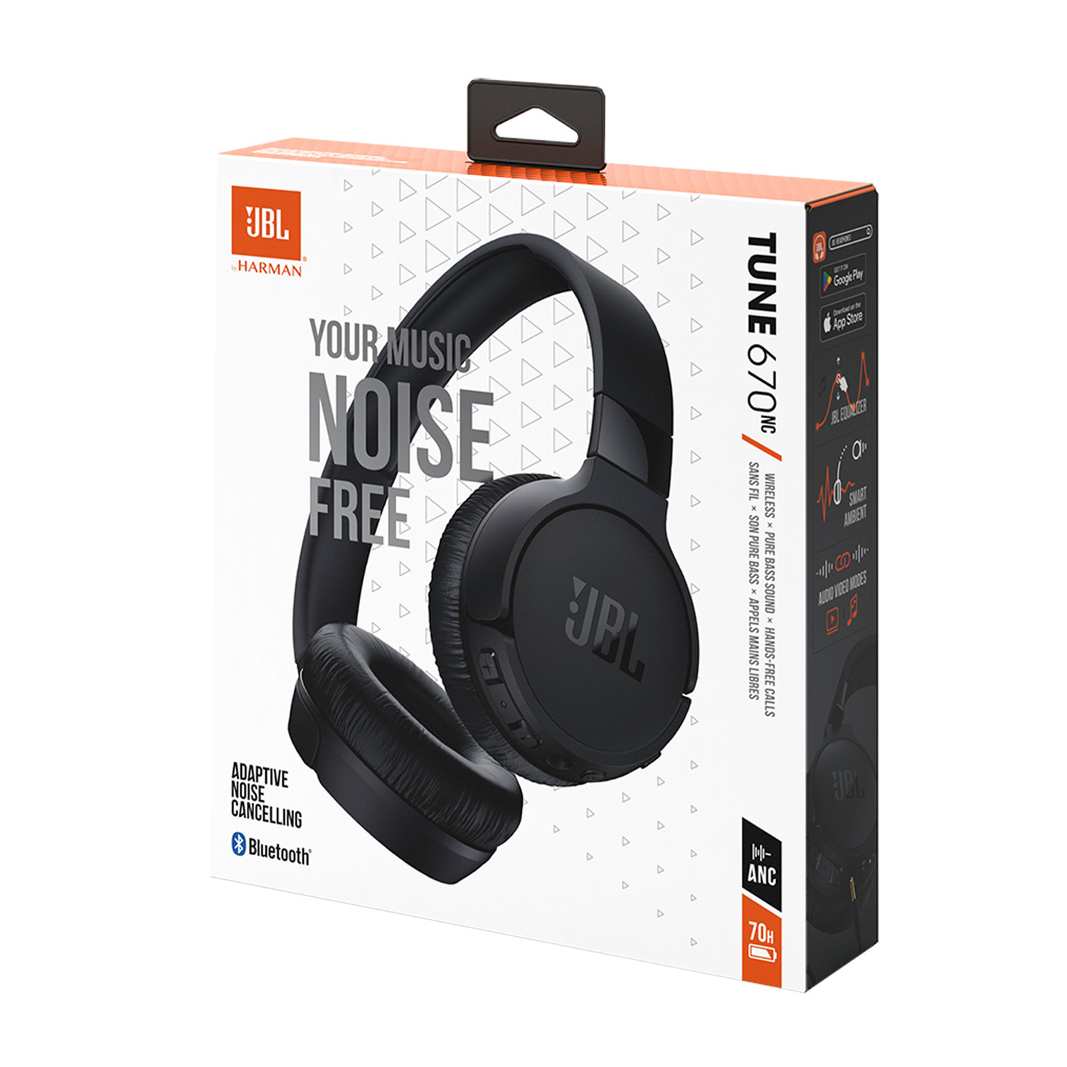 Una scatola di cuffie JBL Tune 670NC nera con un'immagine delle cuffie sul davanti.