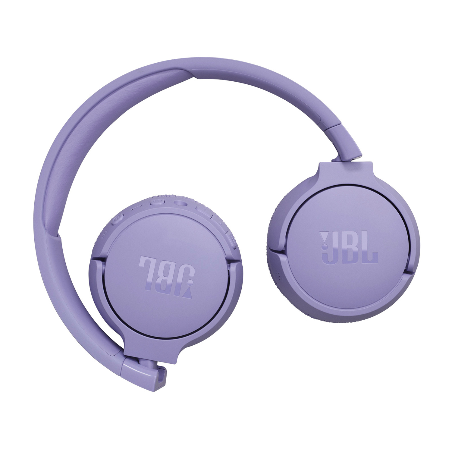 Cuffie viola, piegate, su sfondo bianco. Marchio JBL visibile.