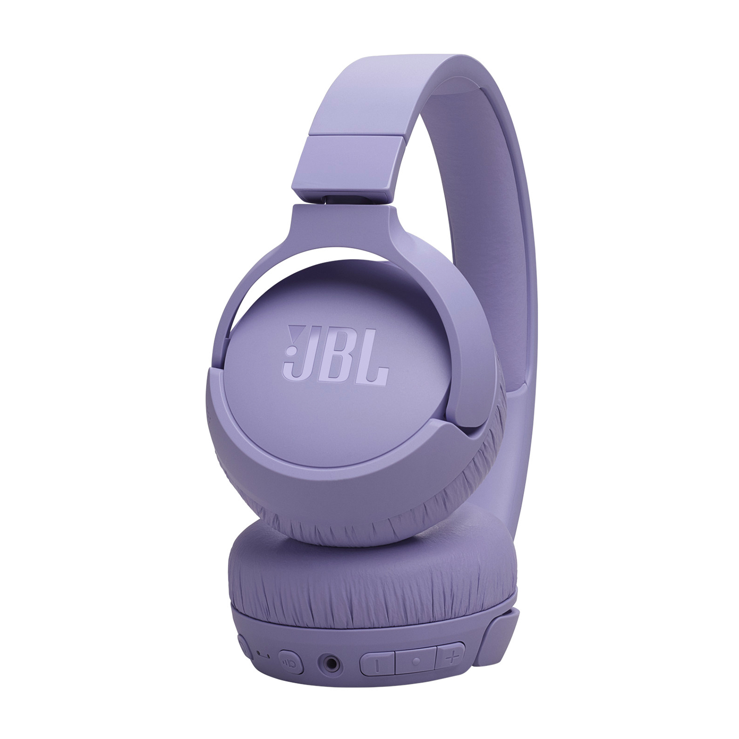 Un paio di cuffie JBL color lavanda. Le cuffie sono su sfondo bianco, vista angolata.