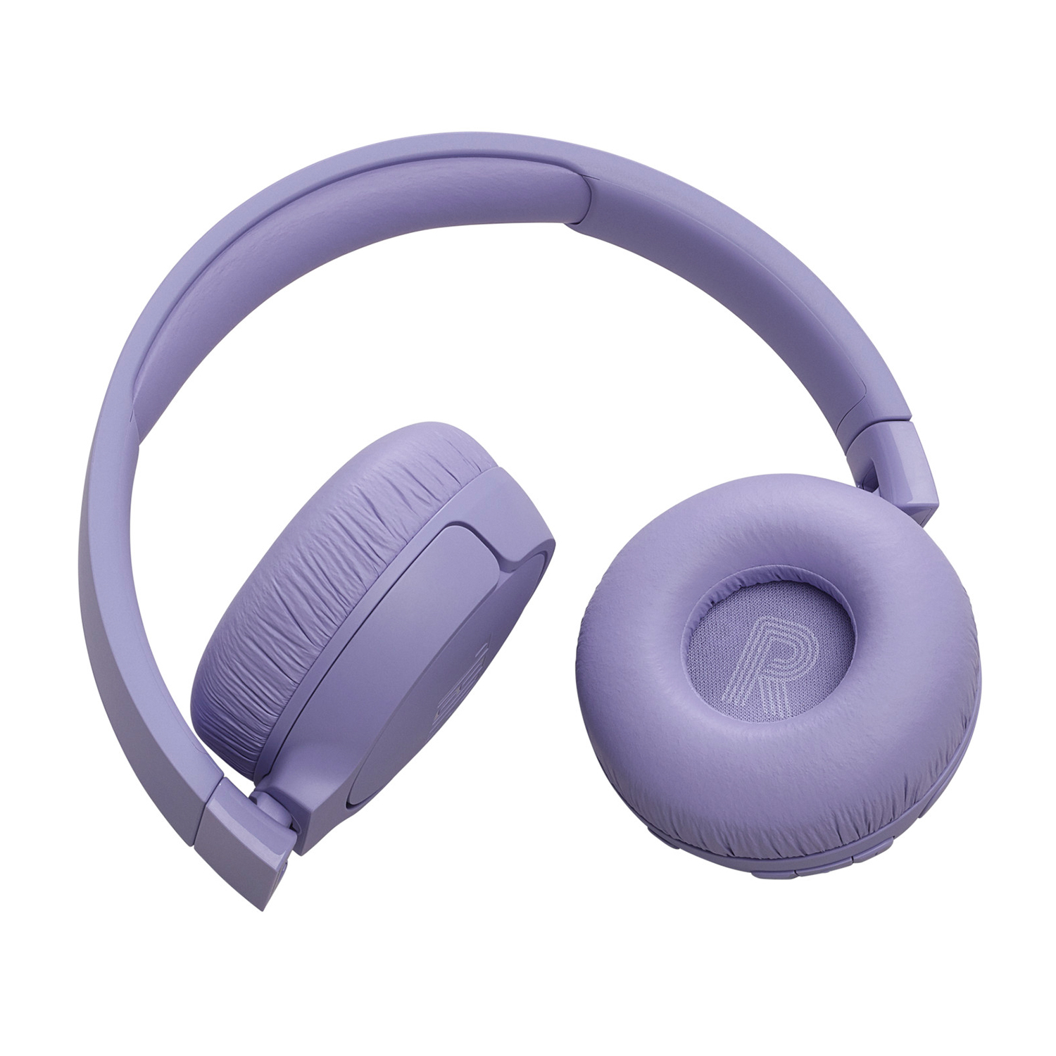 Un paio di cuffie viola, isolate su sfondo bianco. Un padiglione è girato, mostrando l'interno.