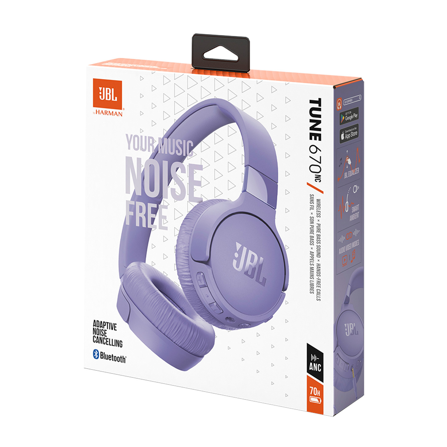 Una scatola di cuffie JBL viola. La scatola ha testo e immagini, con le cuffie all'interno.