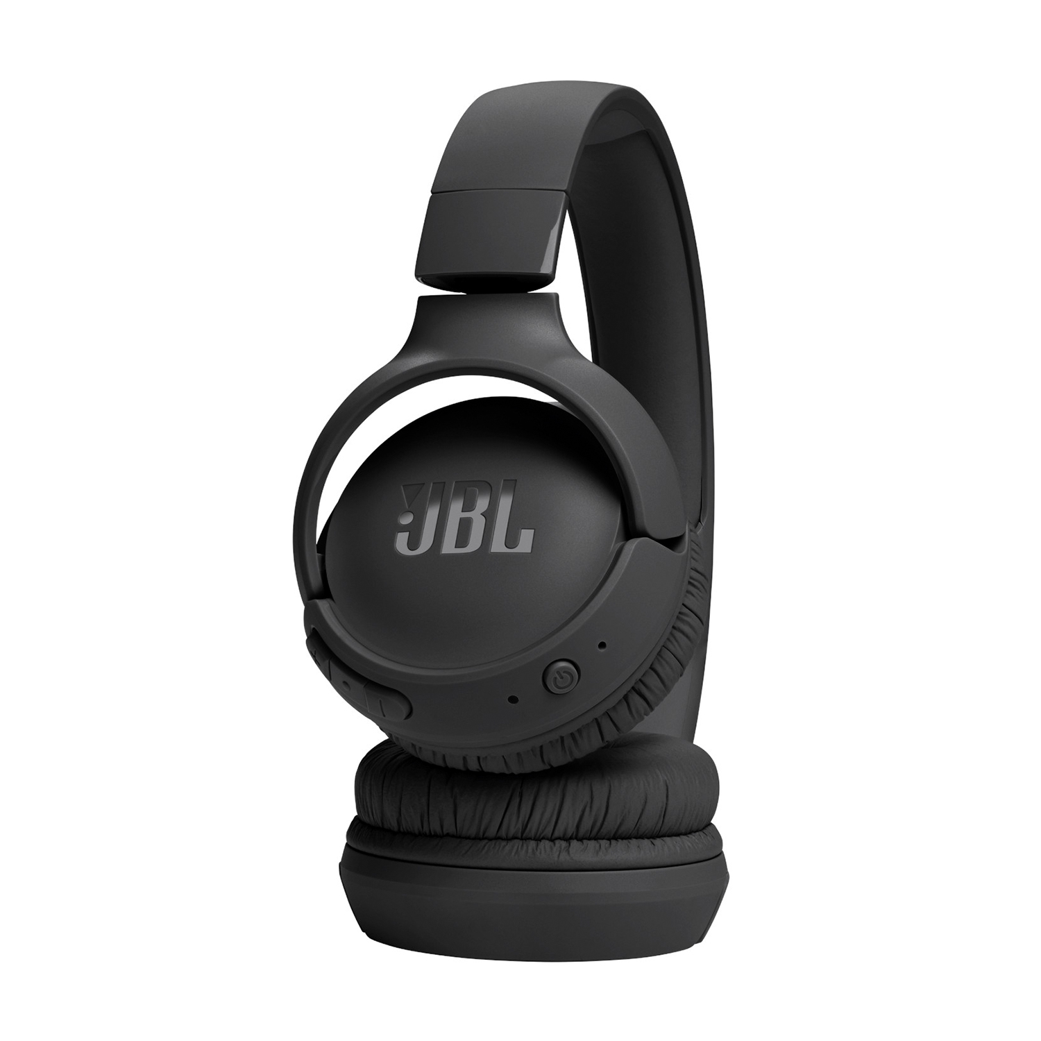 Cuffie nere con il logo JBL sul lato, appoggiate su uno sfondo bianco.