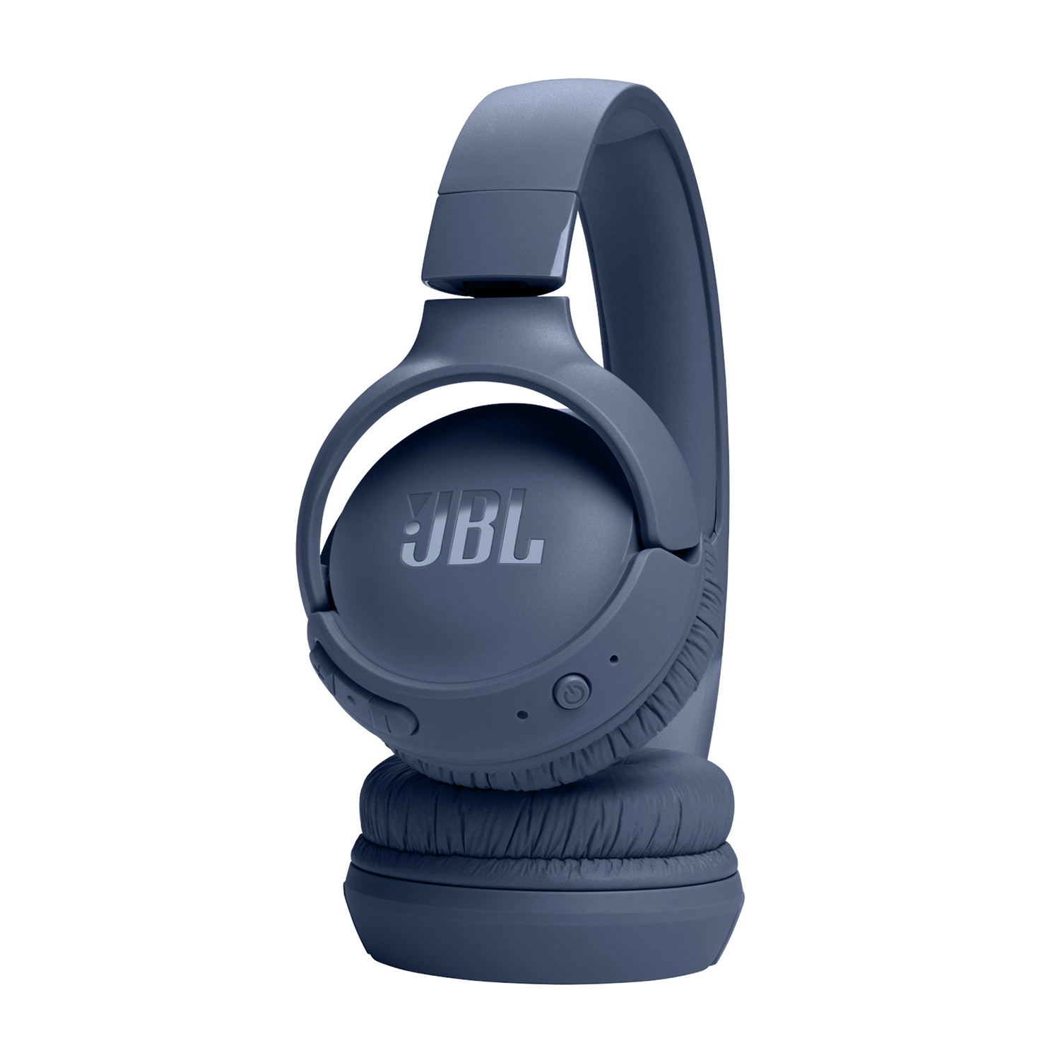 Cuffie JBL blu, vista angolata, con logo JBL visibile.