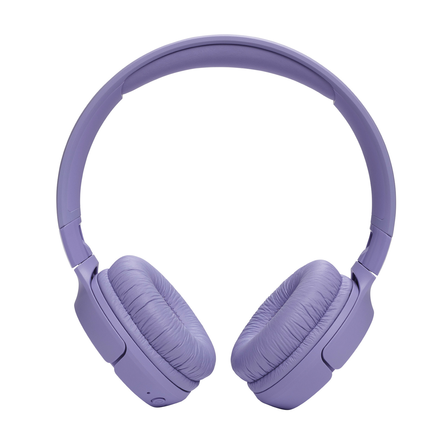 Cuffie viola su sfondo bianco, con messa a fuoco sui padiglioni auricolari e l'archetto.