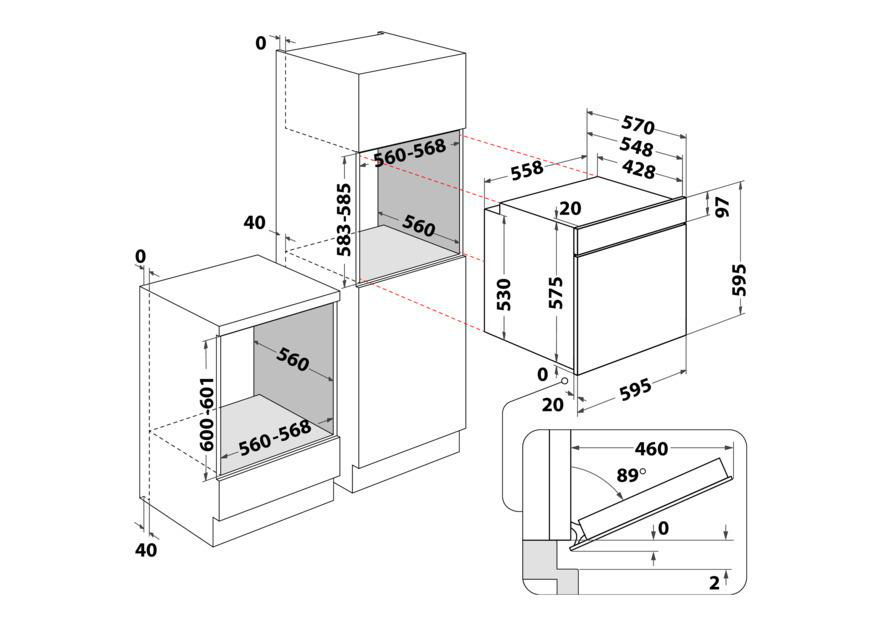 Diagramm von Einbau-Küchengeräten. Zeigt Maße von Backofen und Mikrowelle, mit Messungen.