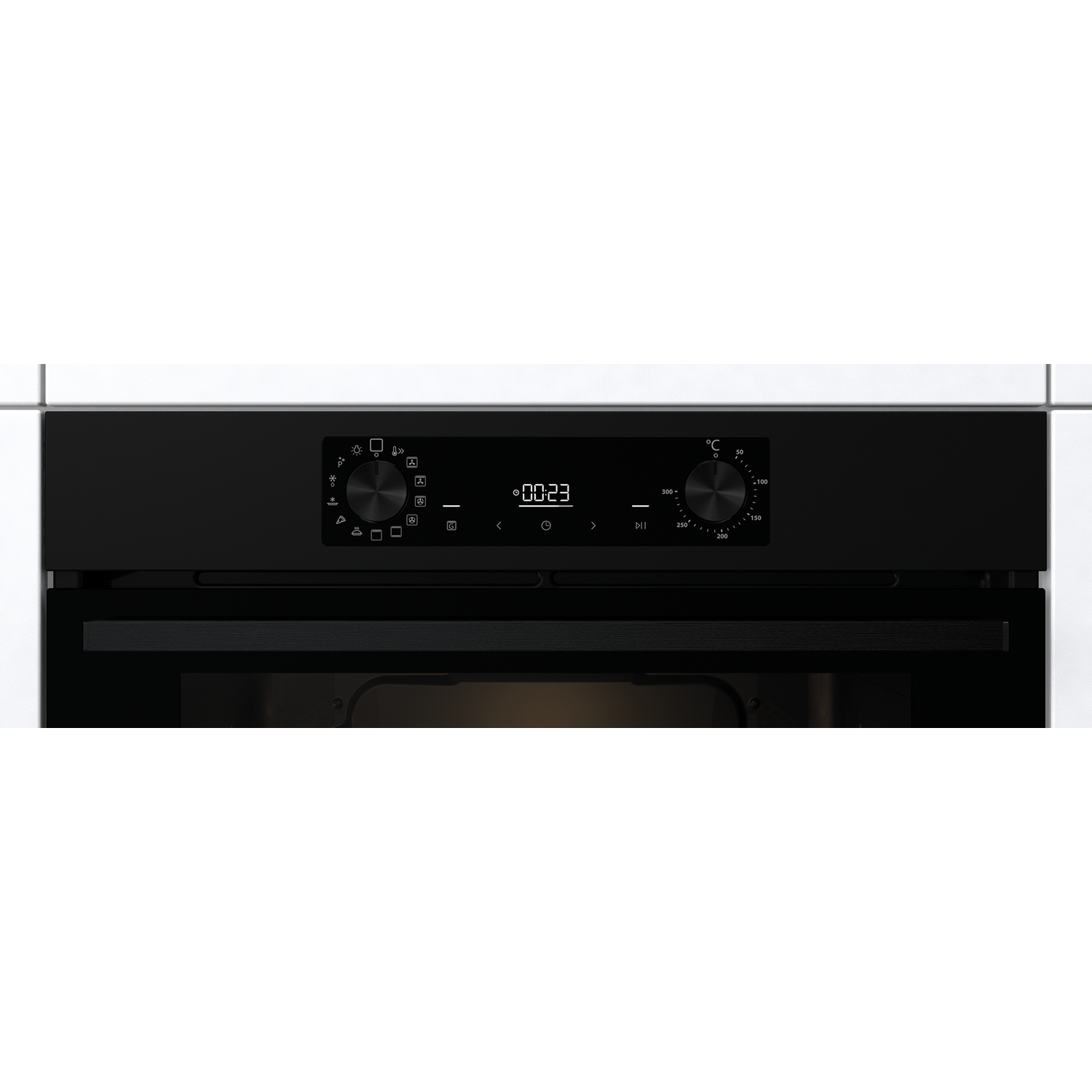 Black oven control panel with a digital clock and various cooking function icons displayed.
