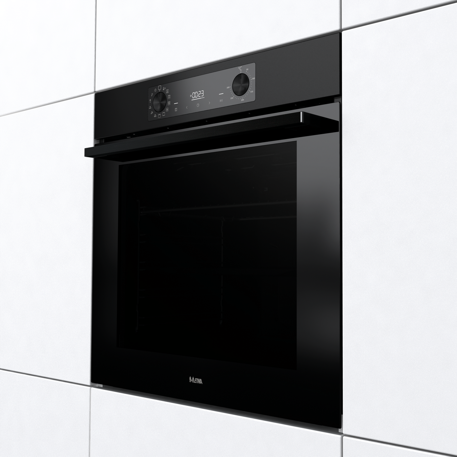 A black built-in oven, with a digital display and a closed door. It is installed in a white kitchen.