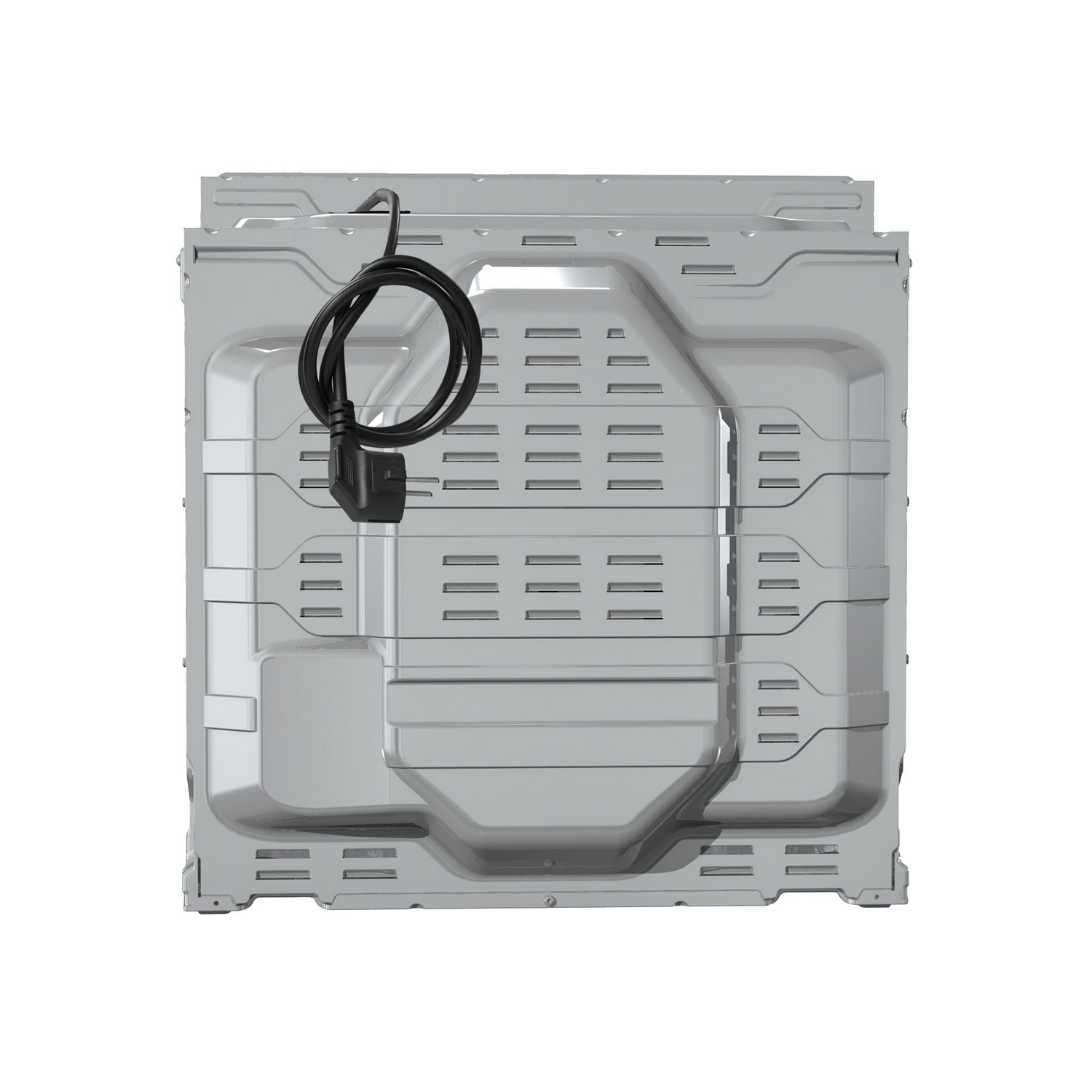 Back view of a metallic appliance showing vents and a power cord.