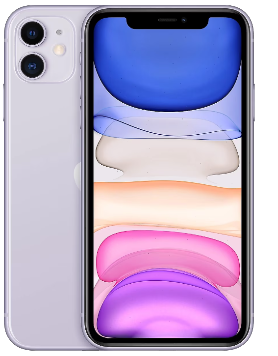 Mor bir iPhone 11. Ekran, mavi, turuncu, pembe ve mor gradyanlarla renkli bir duvar kağıdı gösteriyor. İki kamera görünür.
