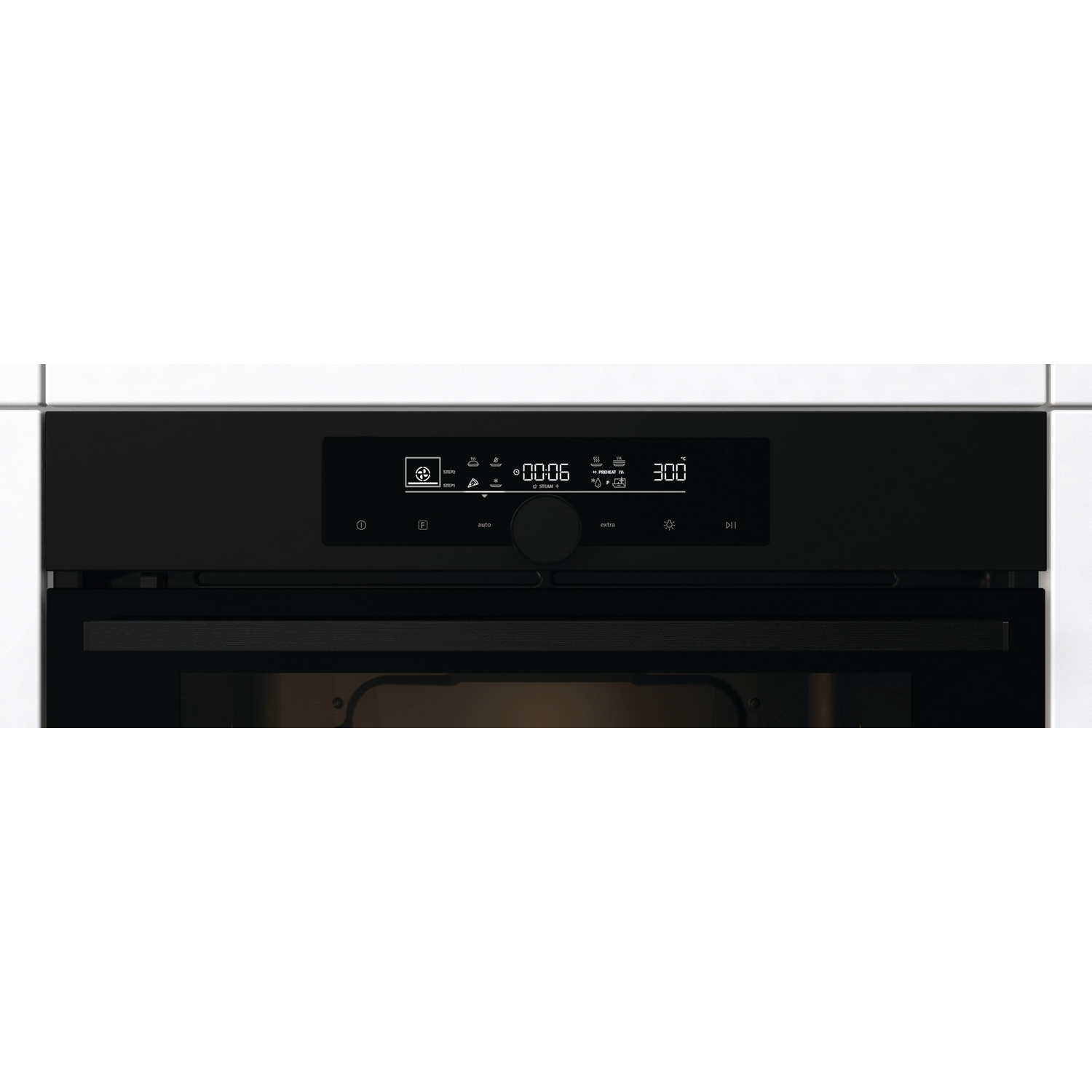 Black oven with digital display. Display shows time and temperature. Bottom has window.