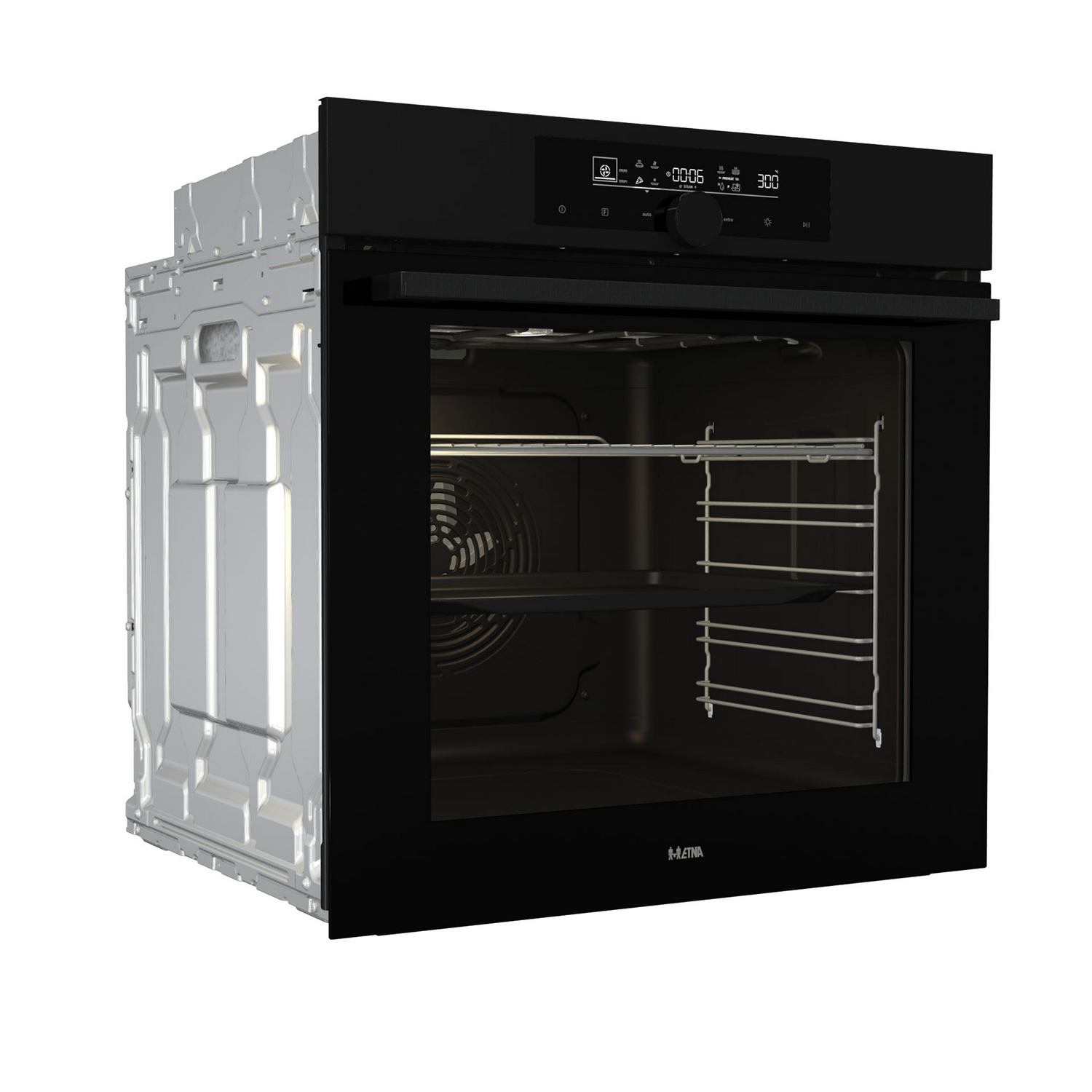 A black built-in oven with a digital display and stainless steel accents.